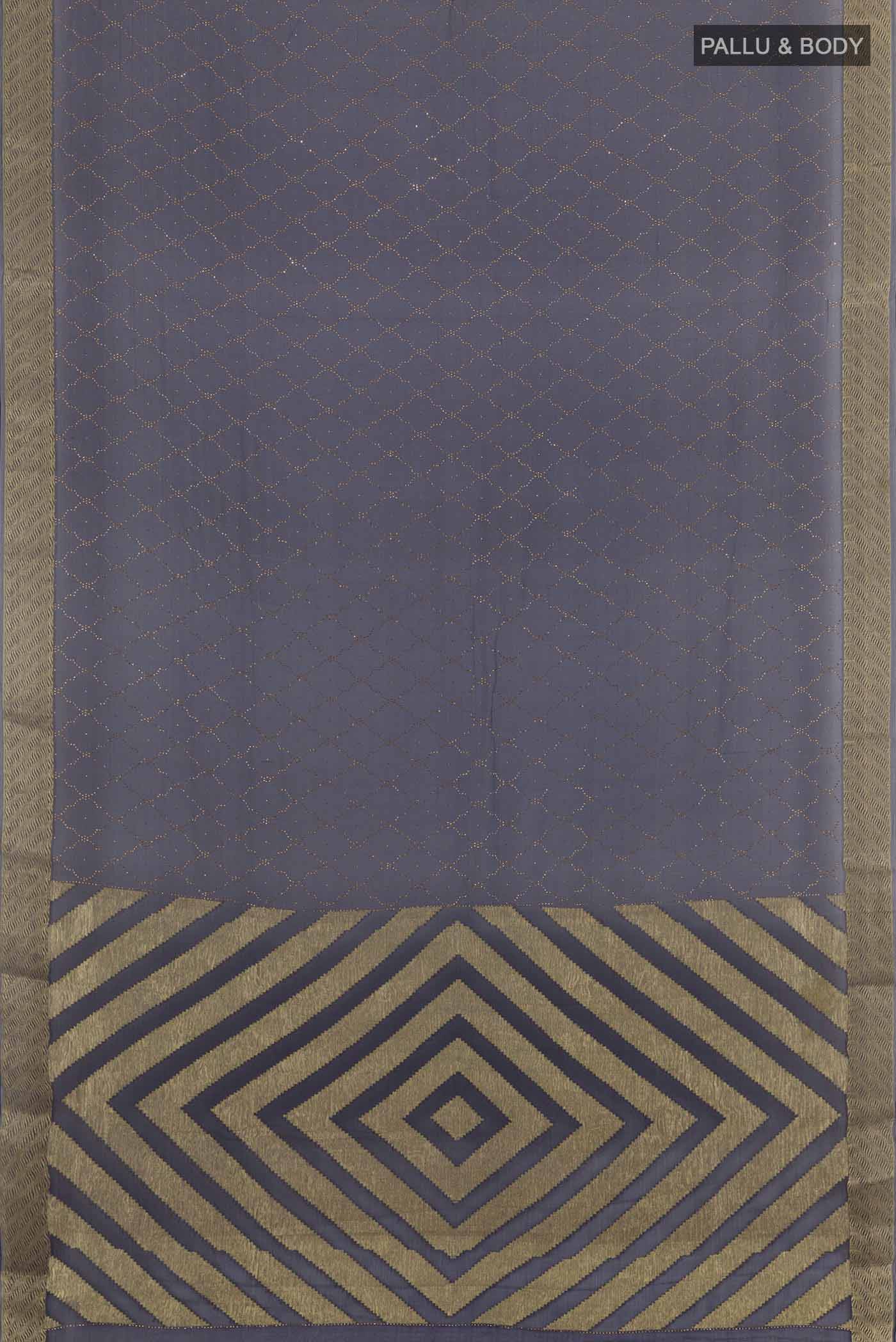 Flat view of Dark Blue Mysore Chiffon Saree with Embroidery on the body and Zari Border. 