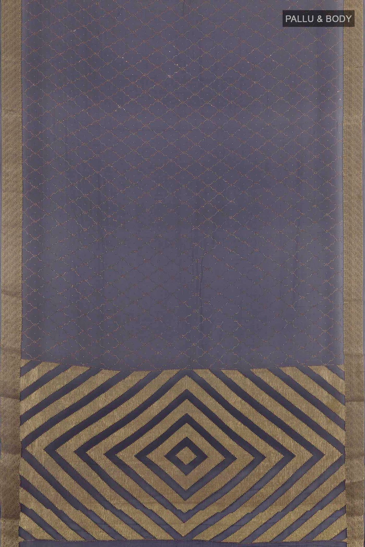 Flat view of Dark Blue Mysore Chiffon Saree with Embroidery on the body and Zari Border. 