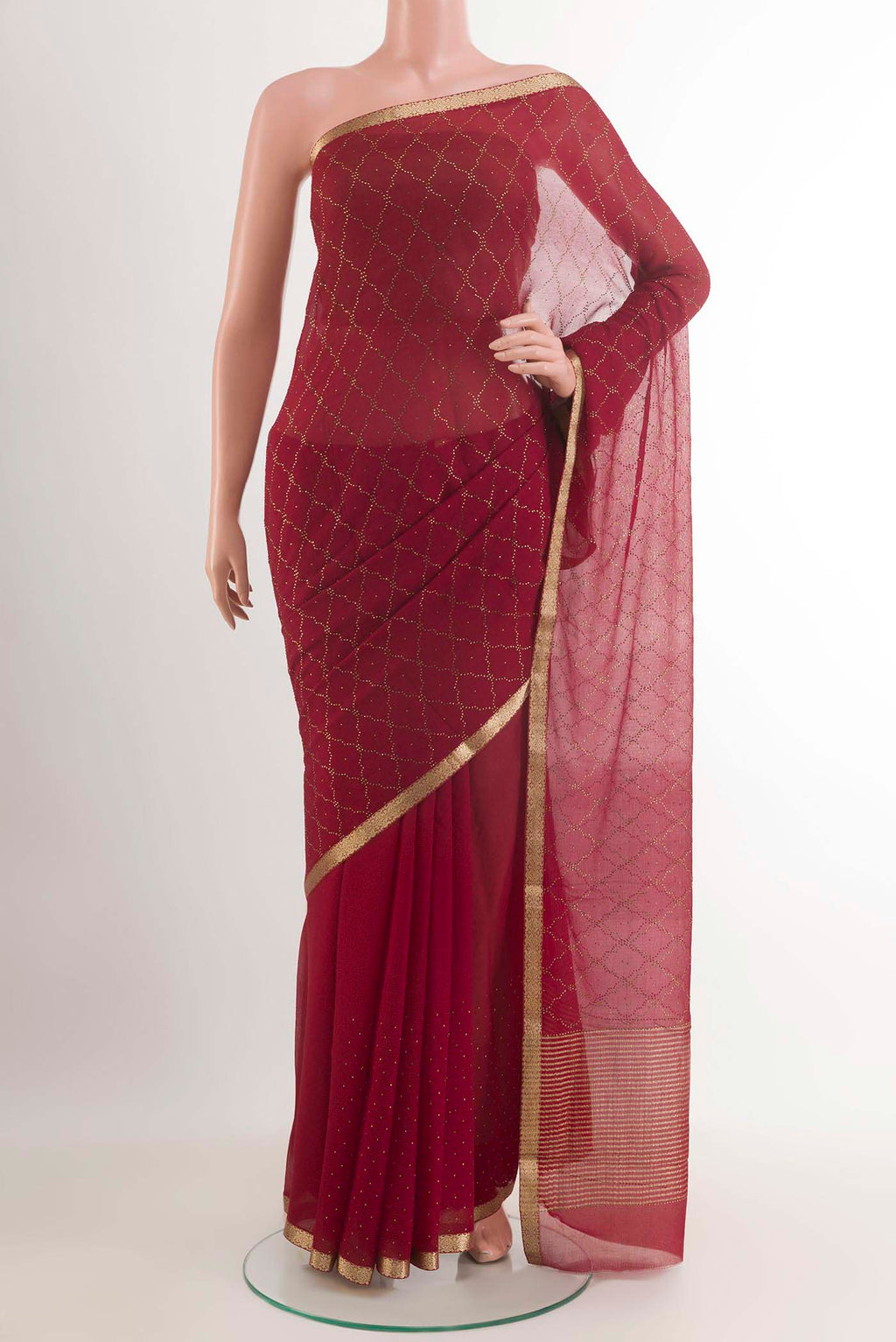 Red Mysore Chiffon Saree with Embroidery on the body and Zari Border.  displayed on a mannequin
