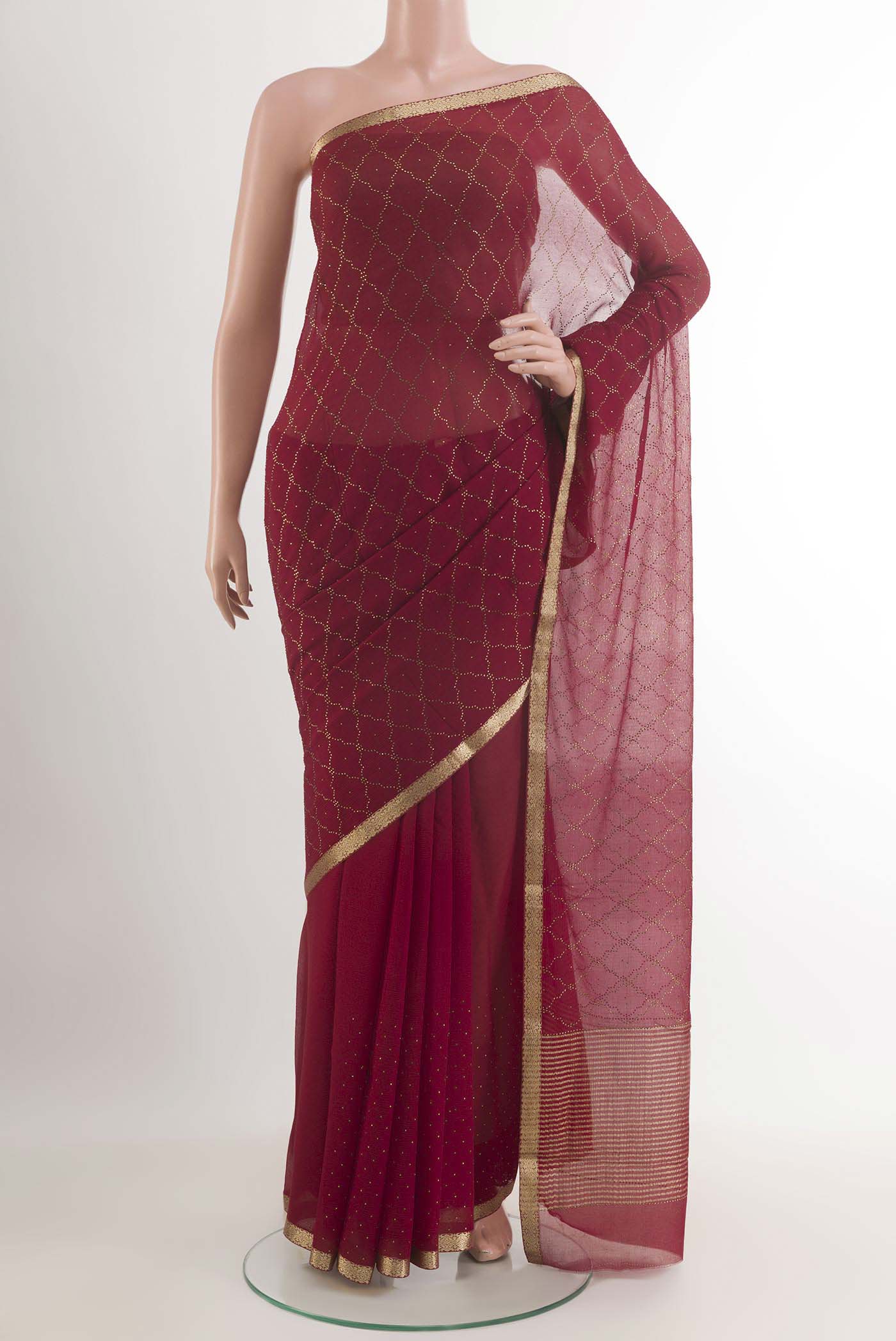 Red Mysore Chiffon Saree with Embroidery on the body and Zari Border.  displayed on a mannequin