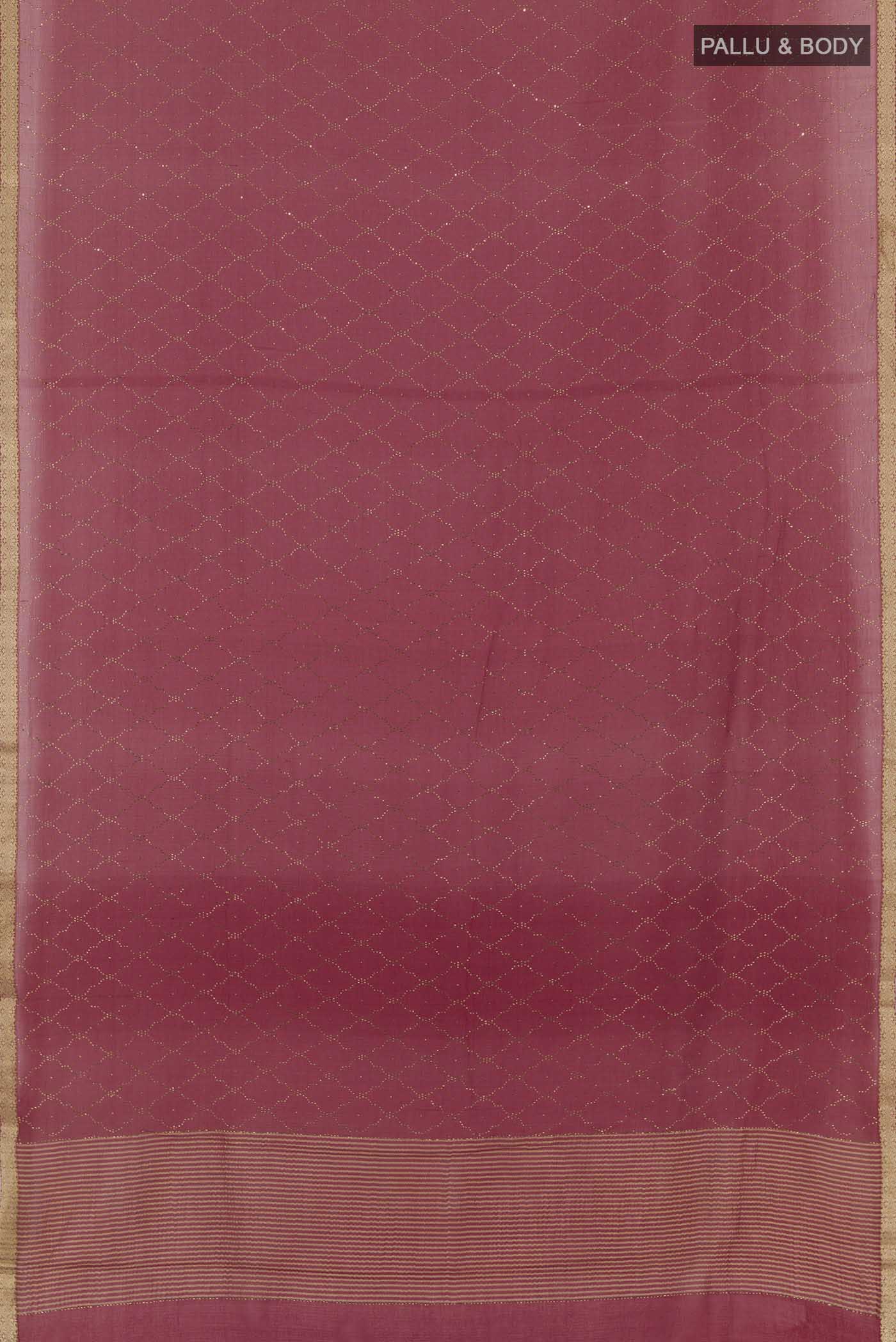 Flat view of Red Mysore Chiffon Saree with Embroidery on the body and Zari Border. 
