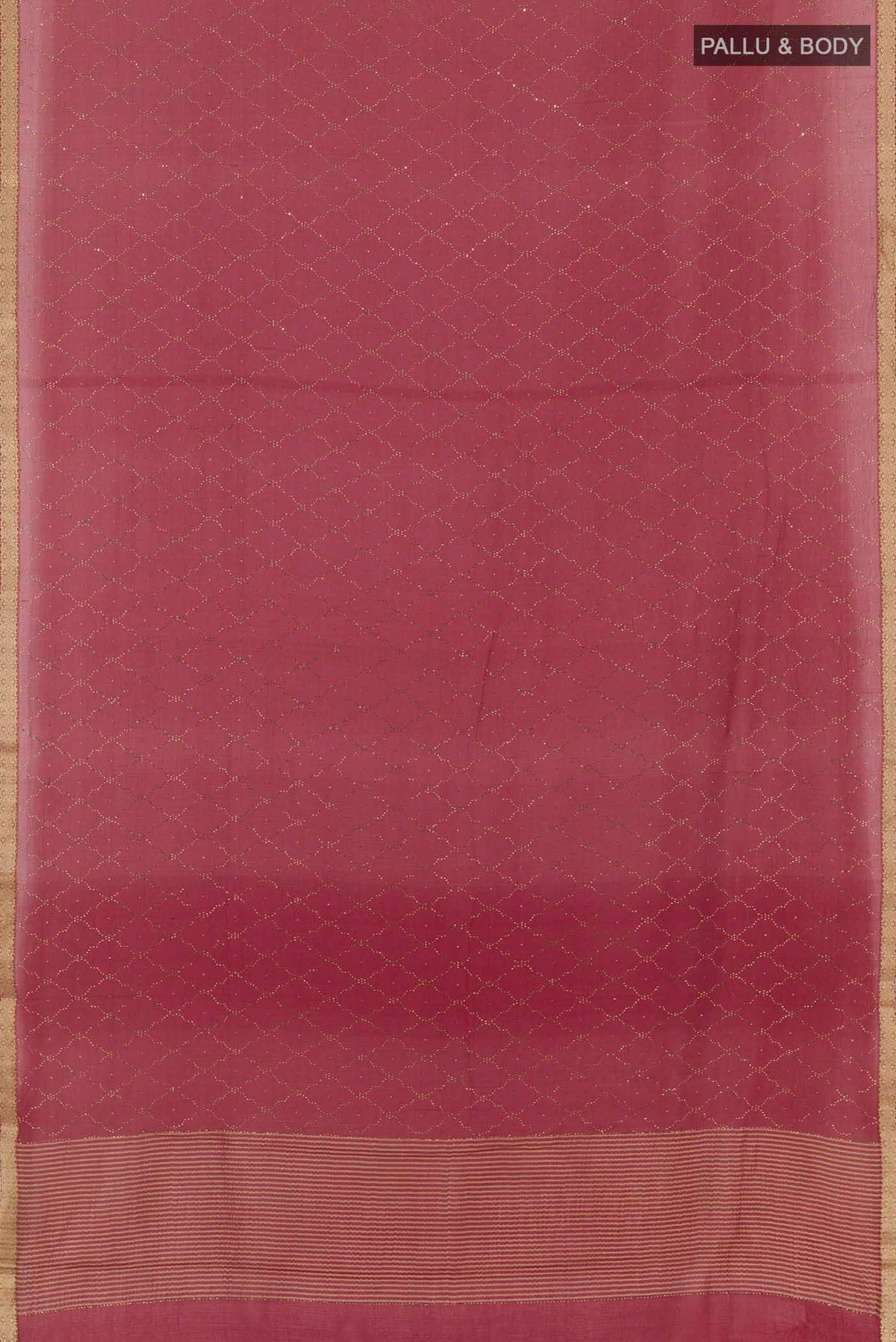 Flat view of Red Mysore Chiffon Saree with Embroidery on the body and Zari Border. 