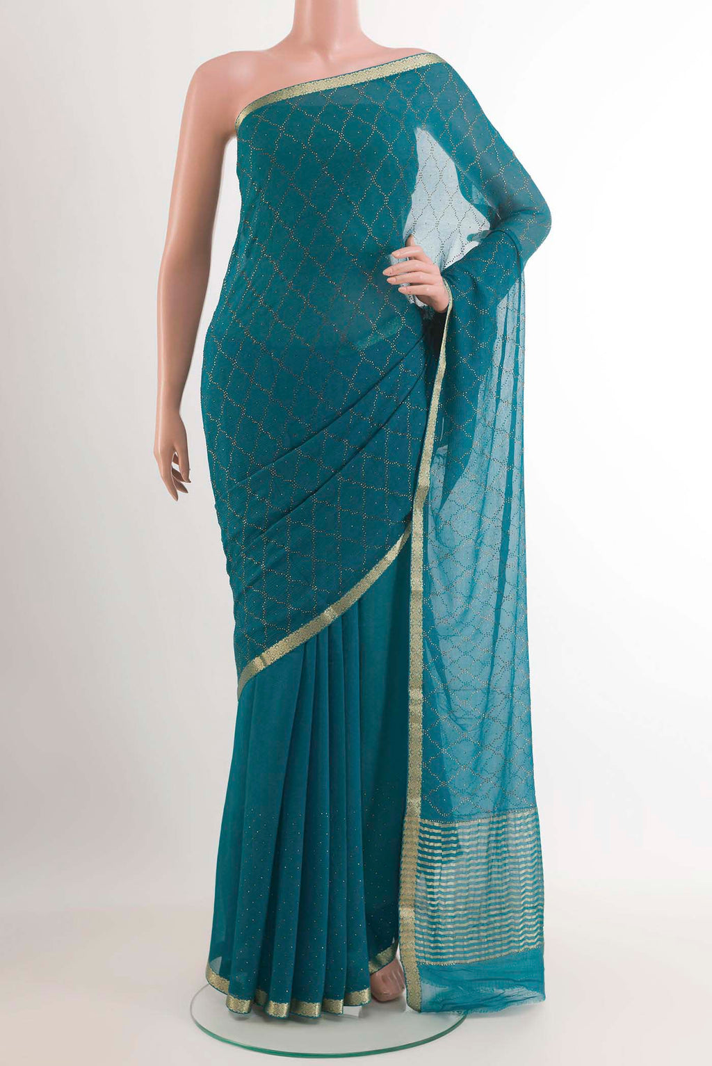 Blue Mysore Chiffon Saree with Embroidery on the body and Zari Border.  displayed on a mannequin