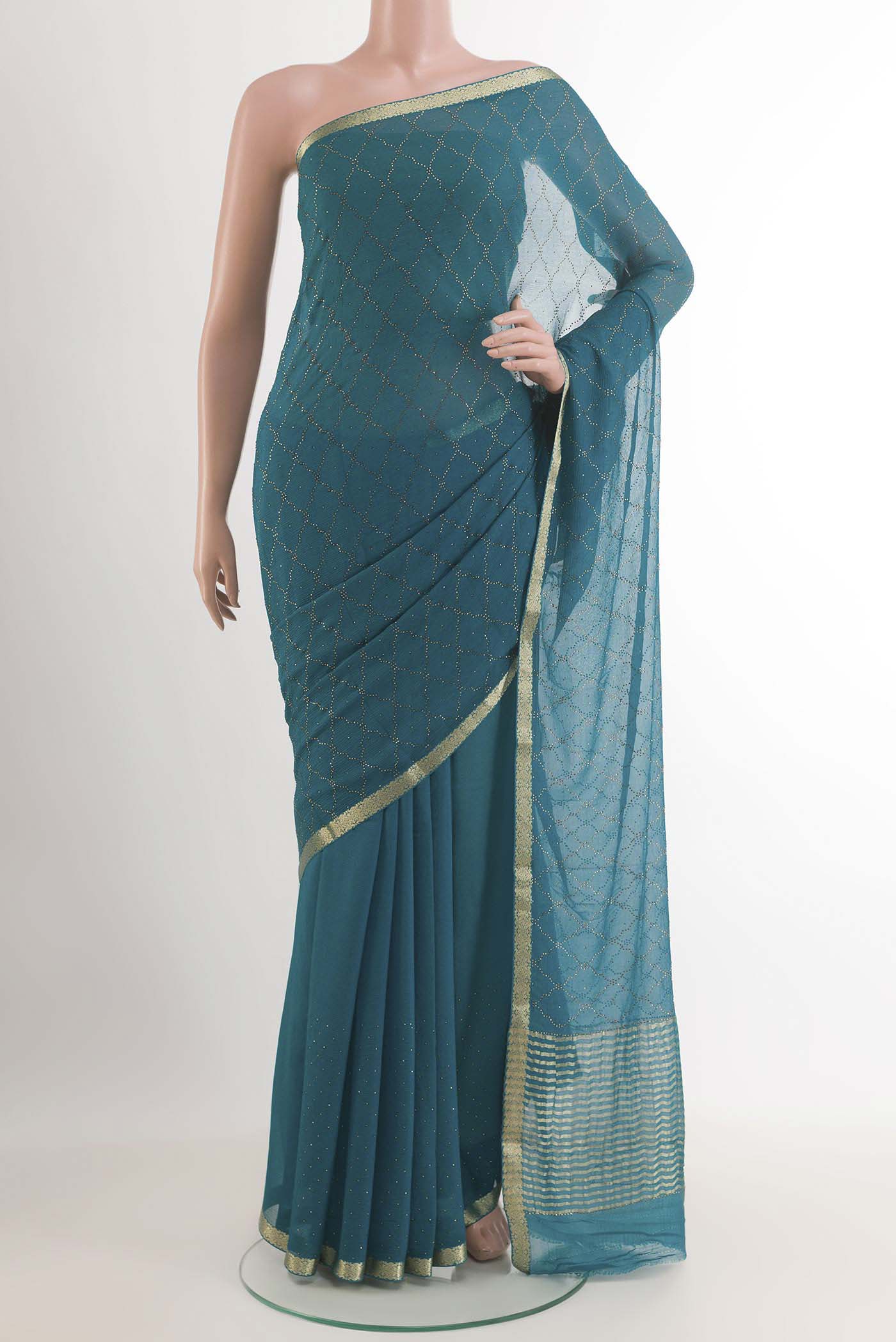Blue Mysore Chiffon Saree with Embroidery on the body and Zari Border.  displayed on a mannequin