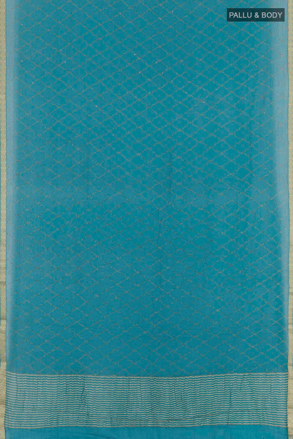 Flat view of Blue Mysore Chiffon Saree with Embroidery on the body and Zari Border. 