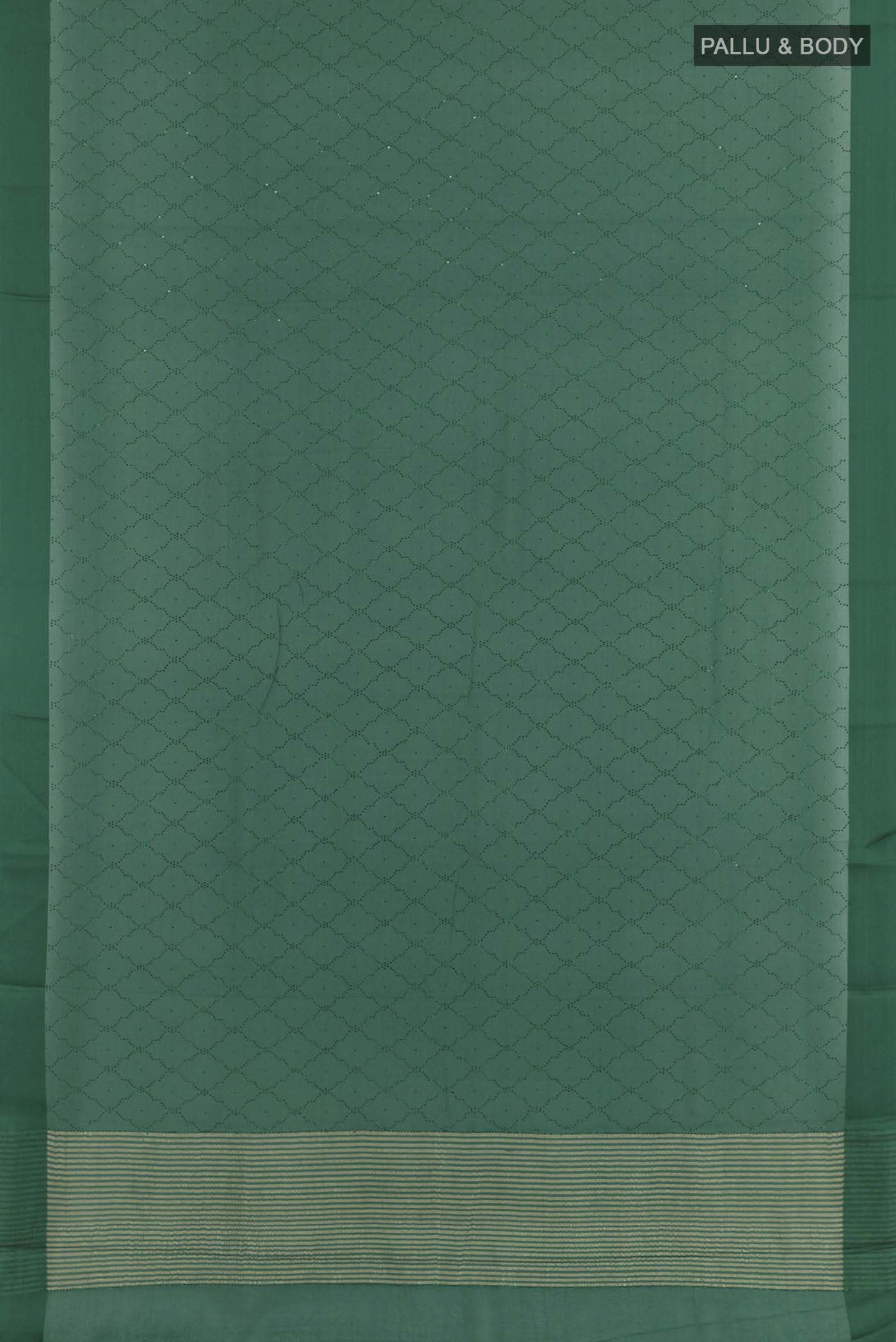 Flat view of Green Mysore Chiffon Saree with Embroidery on the body and Zari Border. 