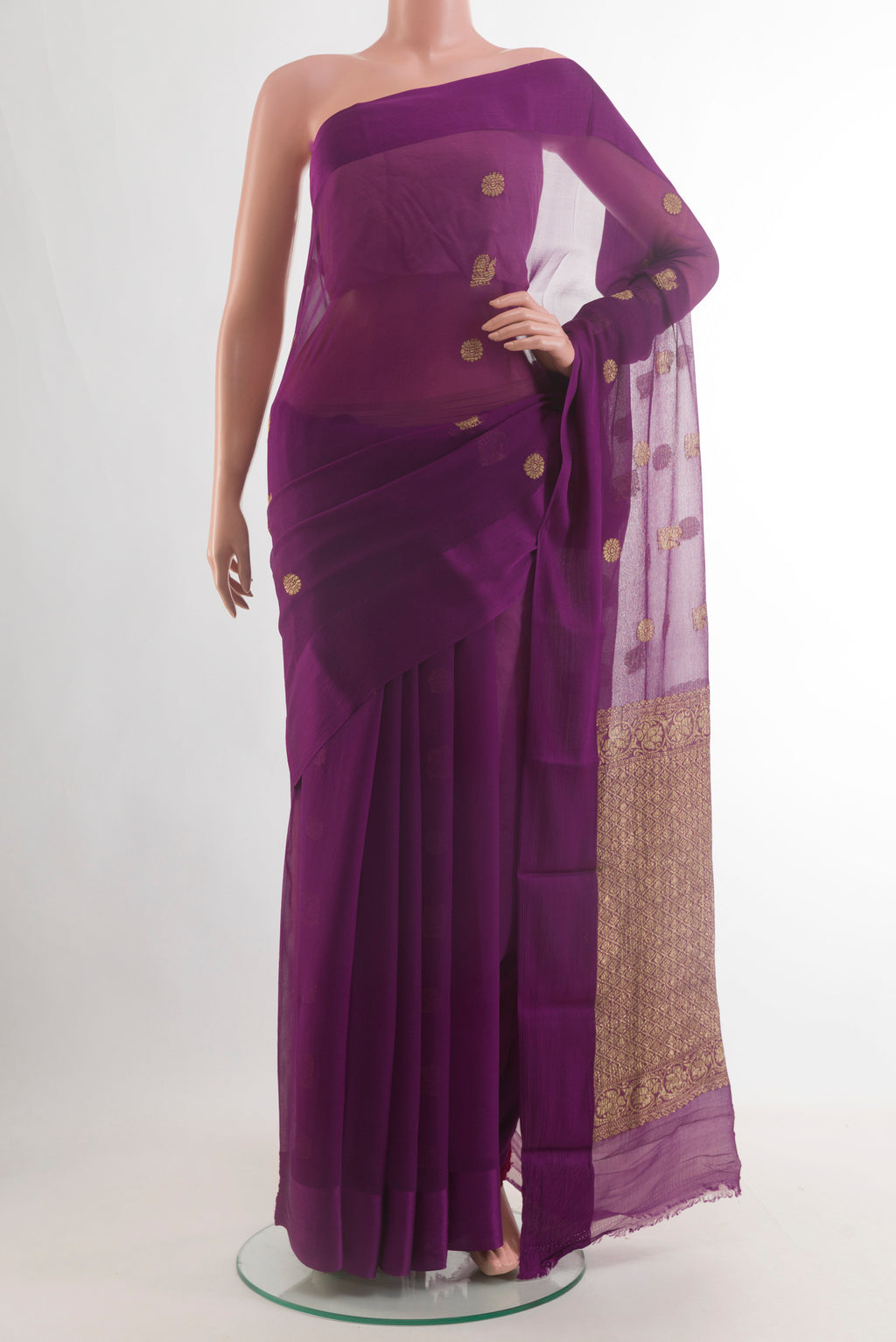 Purple Mysore Chiffon Saree with Stripes on the body and Zari Border.  displayed on a mannequin