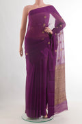 Purple Mysore Chiffon Saree with Stripes on the body and Zari Border.  displayed on a mannequin