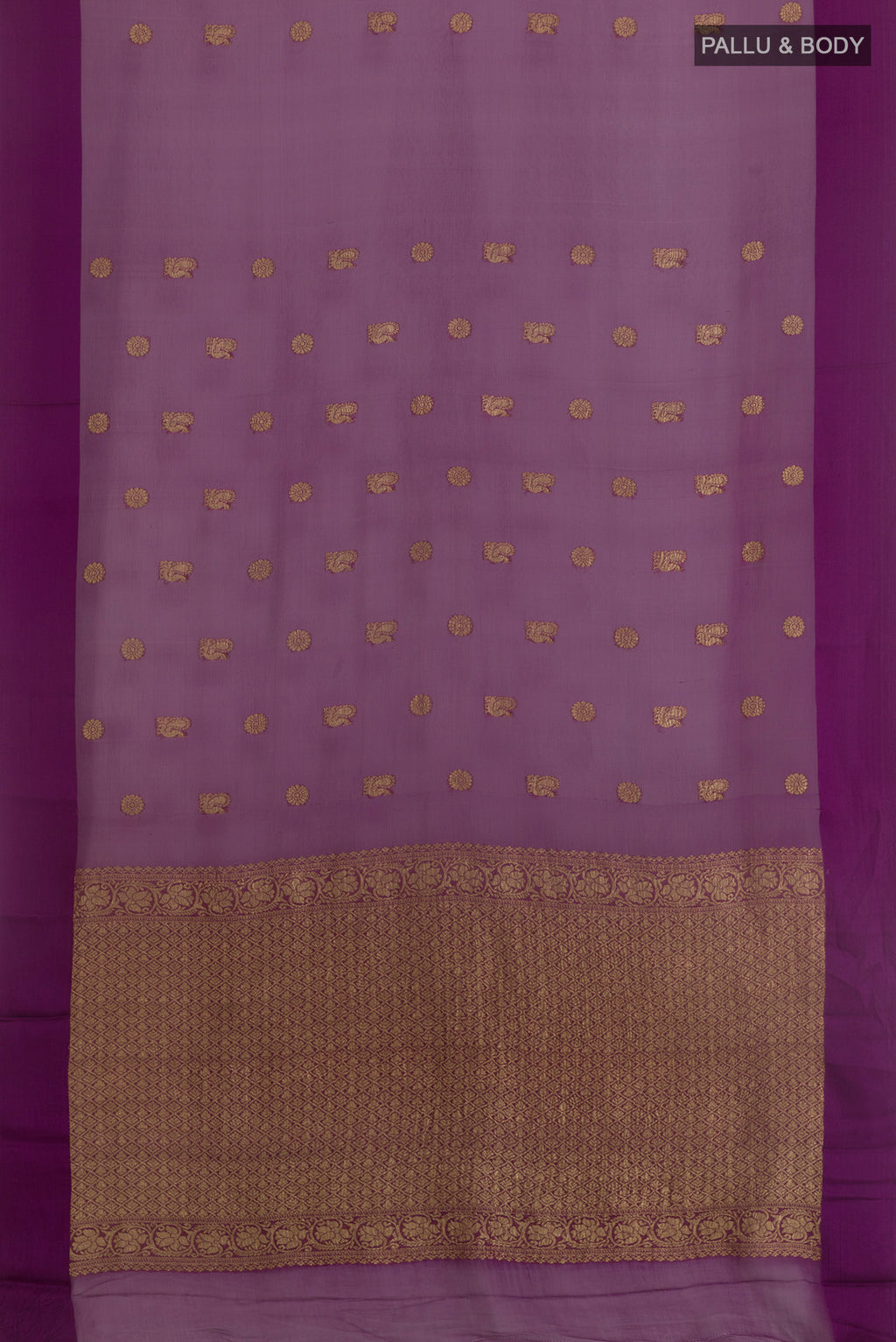 Flat view of Purple Mysore Chiffon Saree with Stripes on the body and Zari Border. 