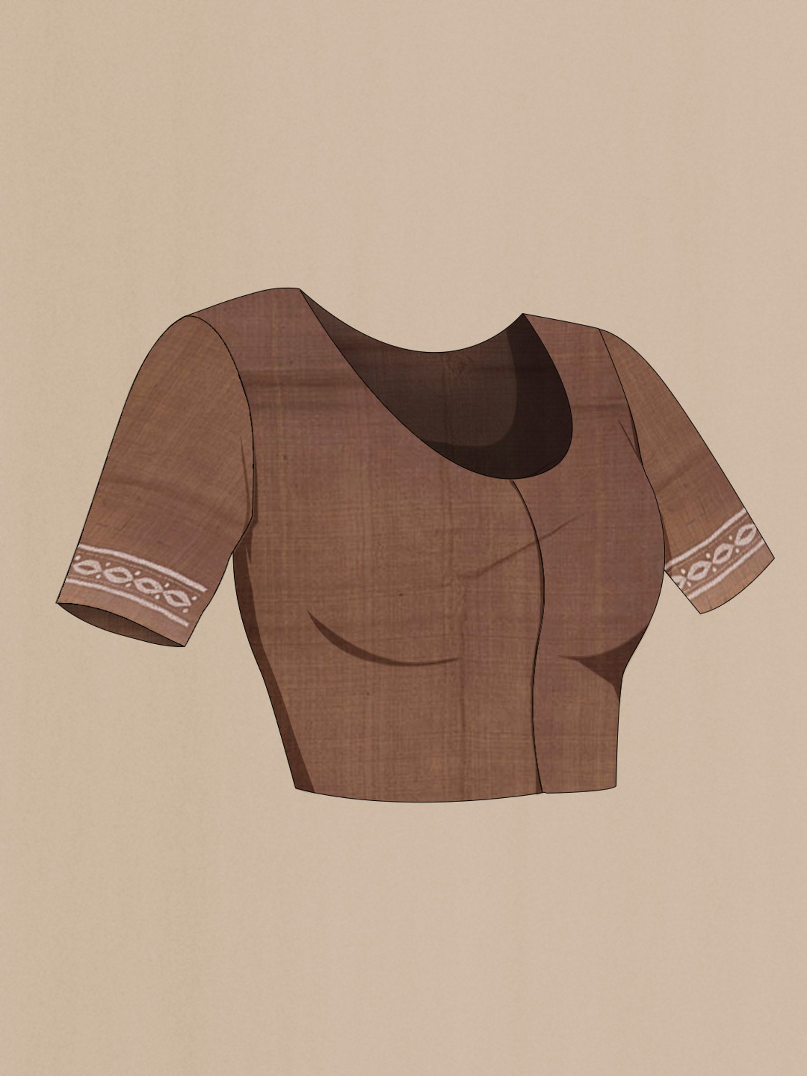 Close up image of the blouse of Brown Tussar Saree with Kantha Work on the body and Embroidery Border. 