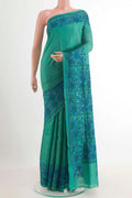 Blue Tussar Saree with Kantha Work on the body and Embroidery Border.  displayed on a mannequin
