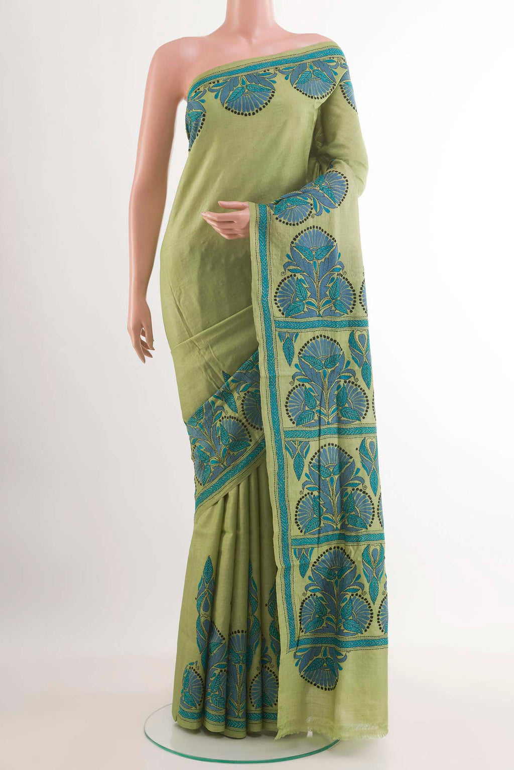 Green Tussar Saree with Kantha Work on the body and Embroidery Border.  displayed on a mannequin