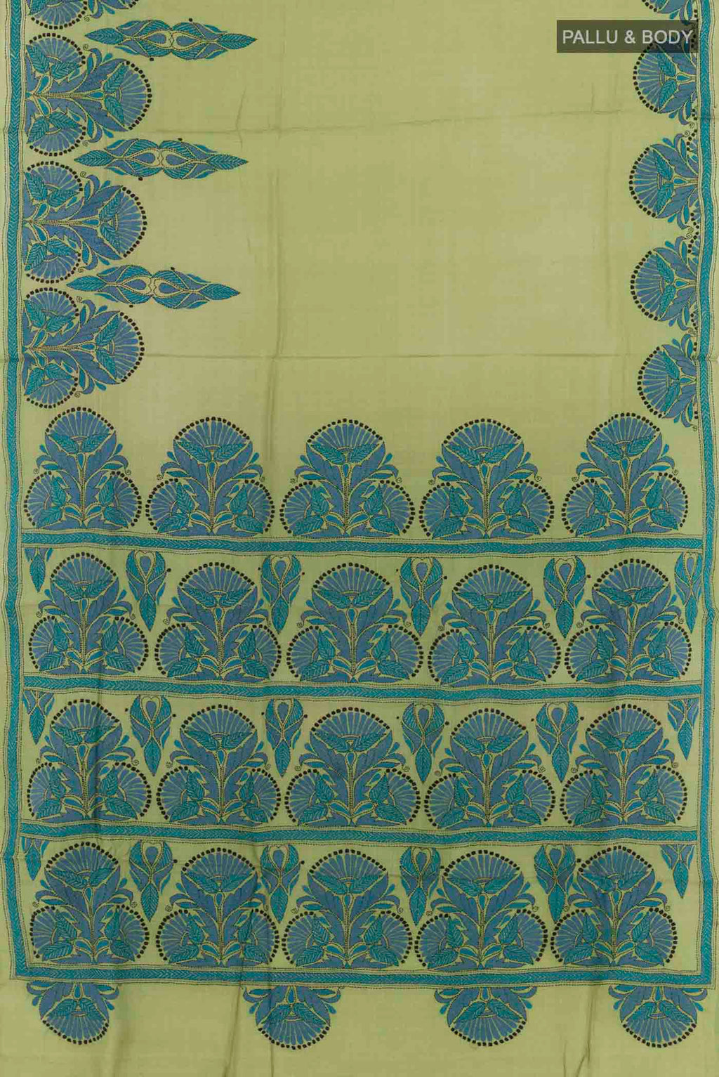 Flat view of Green Tussar Saree with Kantha Work on the body and Embroidery Border. 