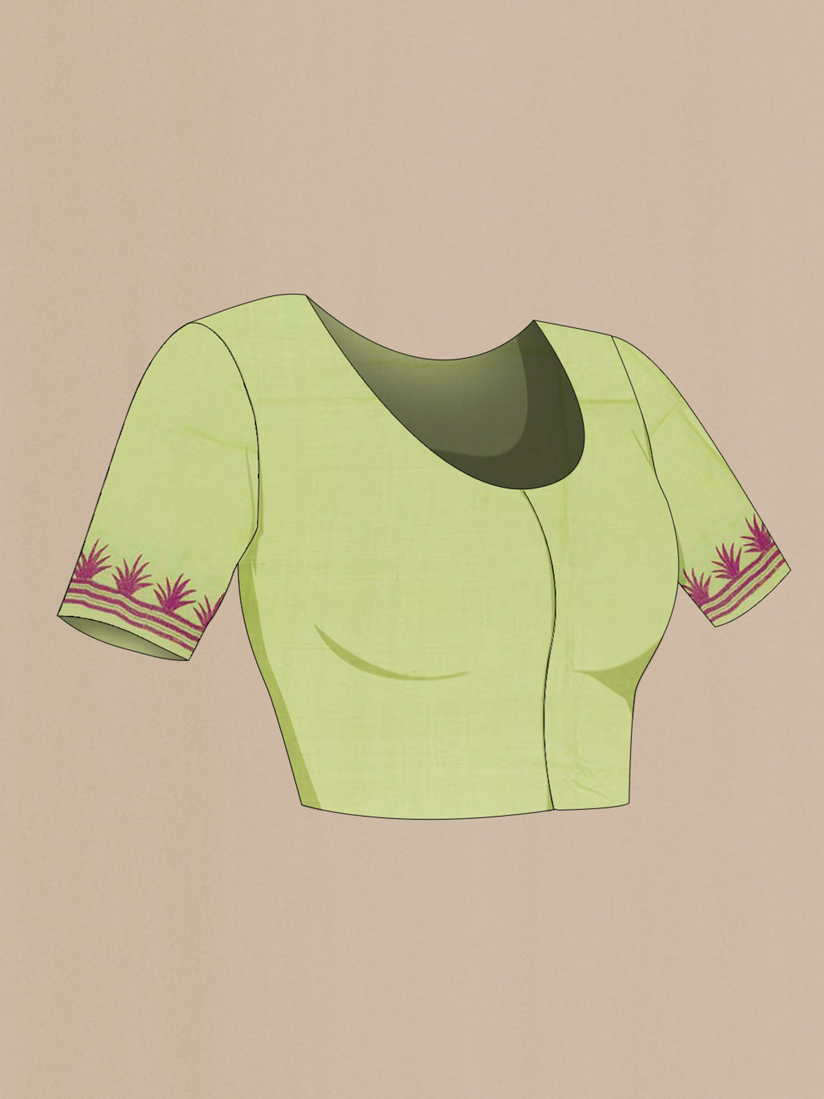 Close up image of the blouse of Light Green Tussar Saree with Kantha Work on the body and Embroidery Border. 