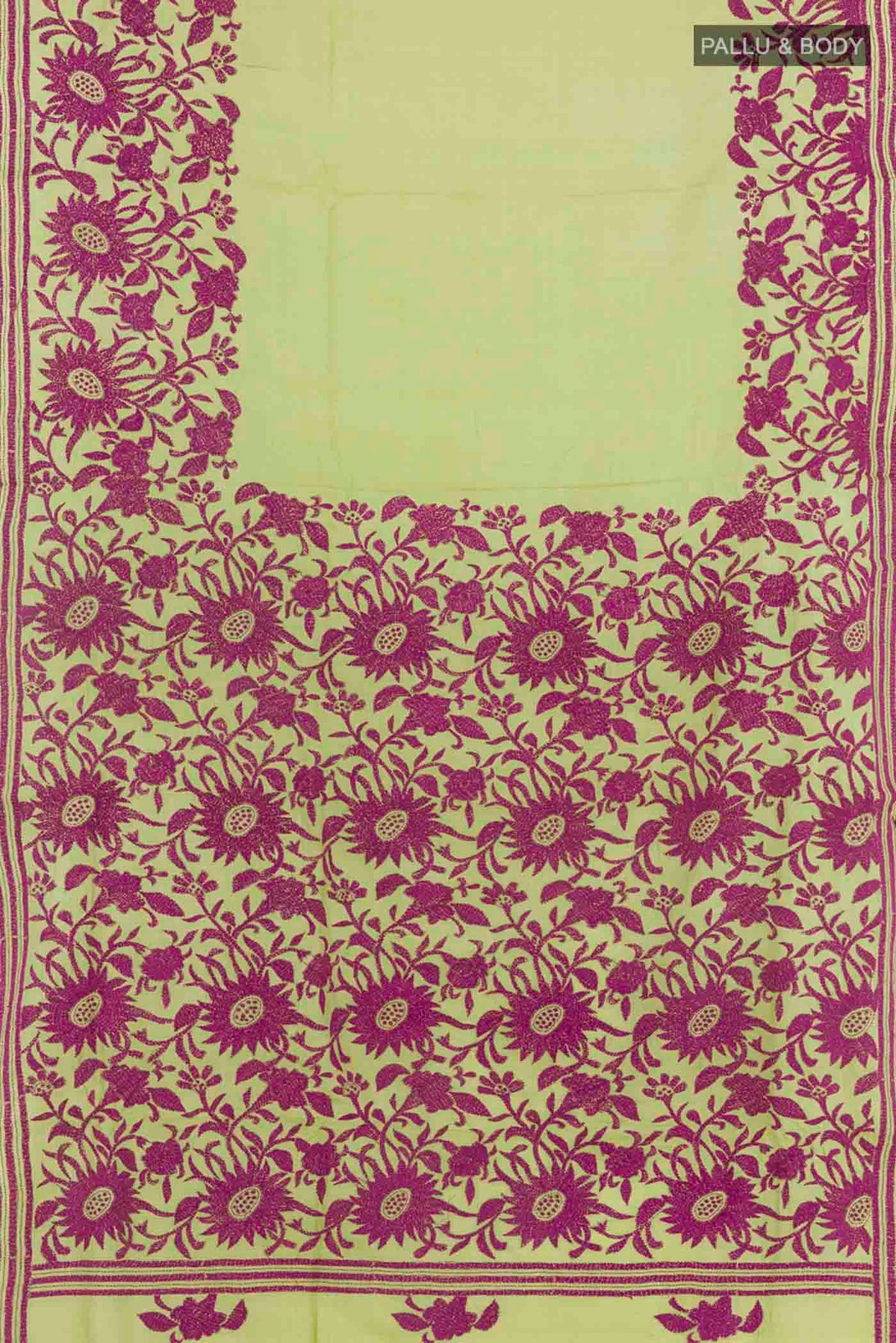 Flat view of Light Green Tussar Saree with Kantha Work on the body and Embroidery Border. 