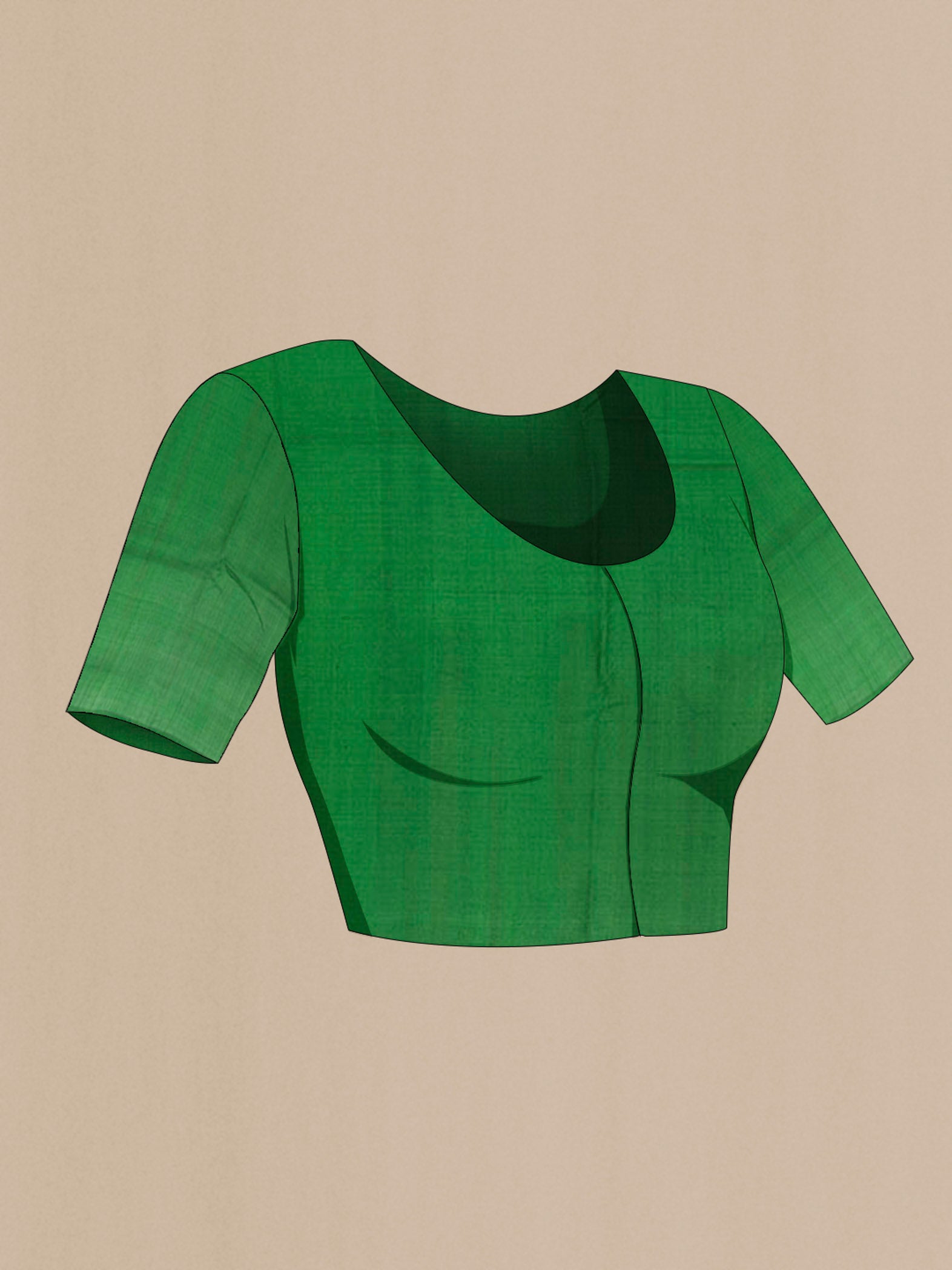 Close up image of the blouse of Green Tussar Saree with Kantha Work on the body and Embroidery Border. 