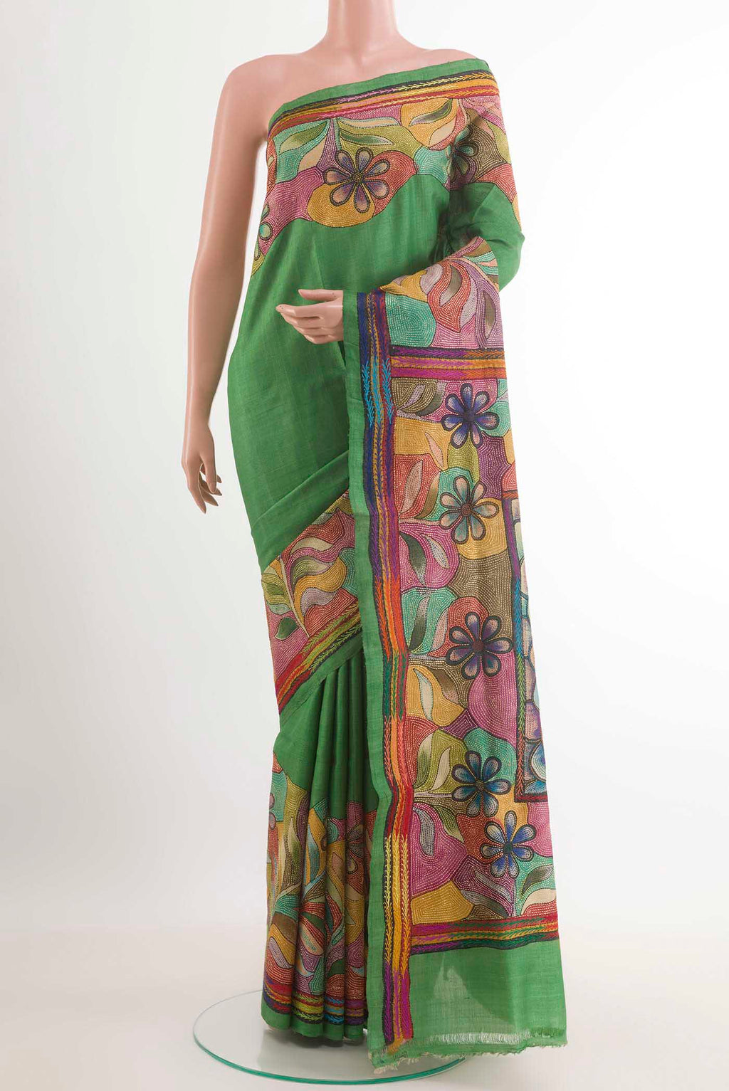 Green Tussar Saree with Kantha Work on the body and Embroidery Border.  displayed on a mannequin