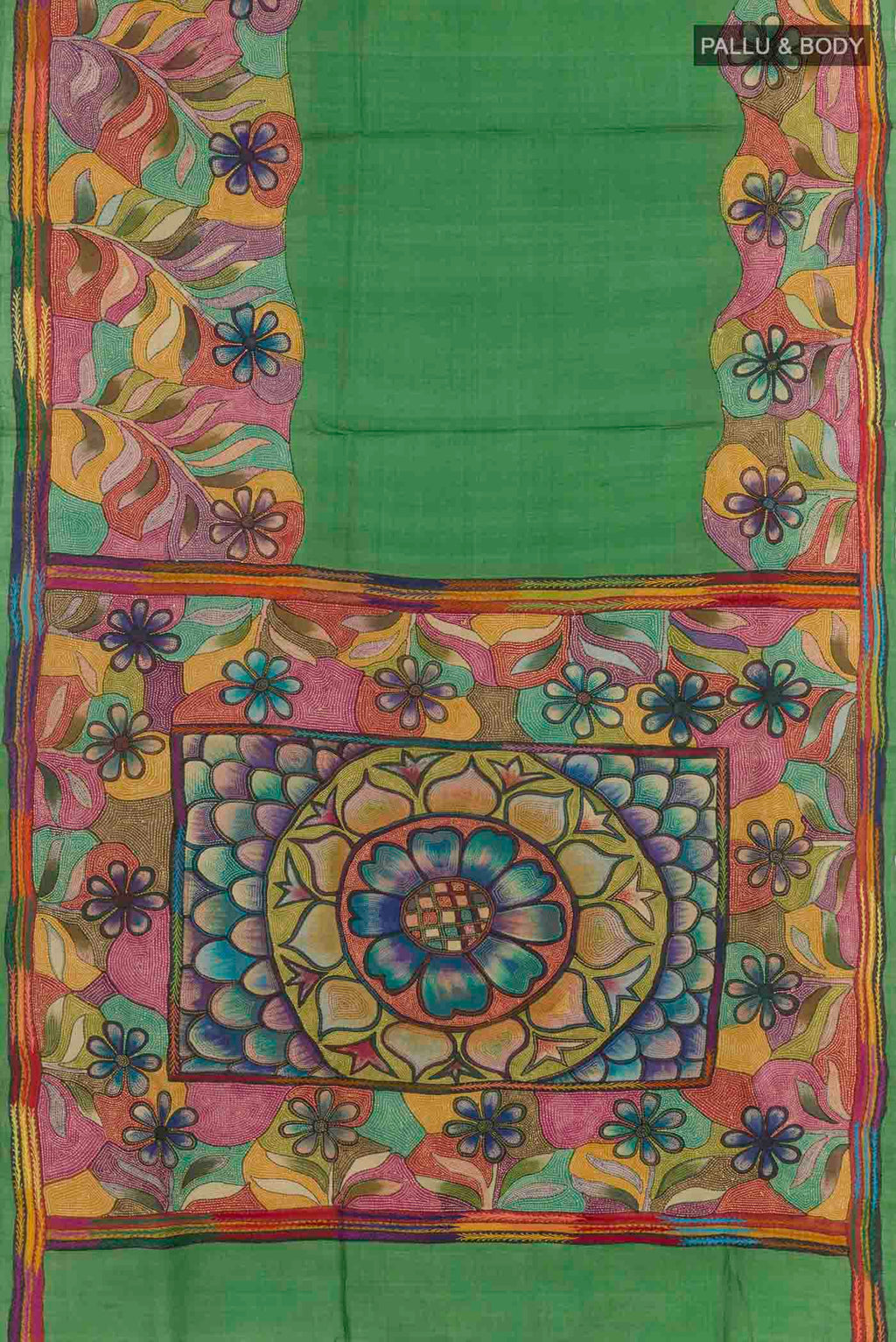 Flat view of Green Tussar Saree with Kantha Work on the body and Embroidery Border. 