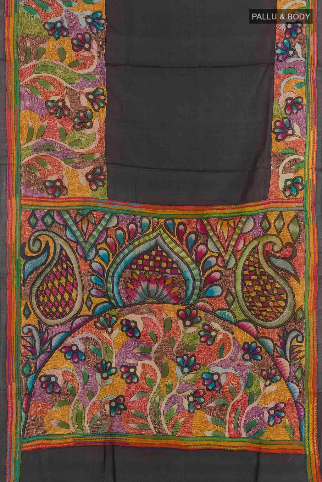 Flat view of Black Tussar Saree with Kantha Work on the body and Embroidery Border. 