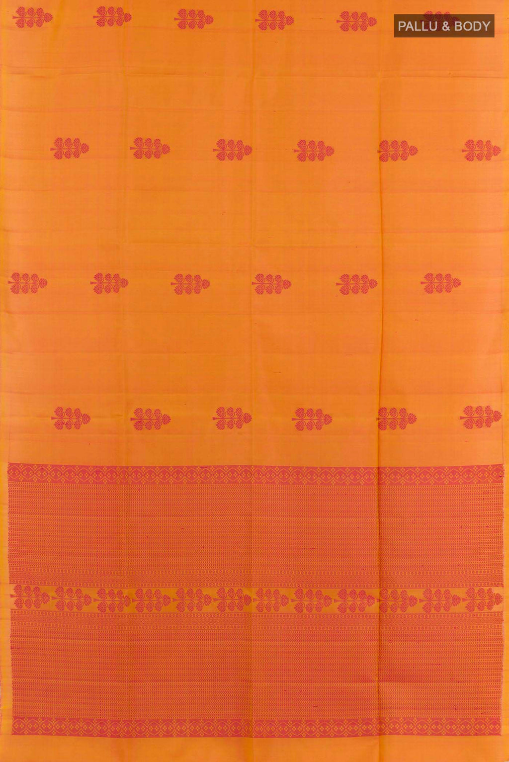 Flat view of Mustard Soft Silk Saree with Jacquard design on the body and Zari Border. 