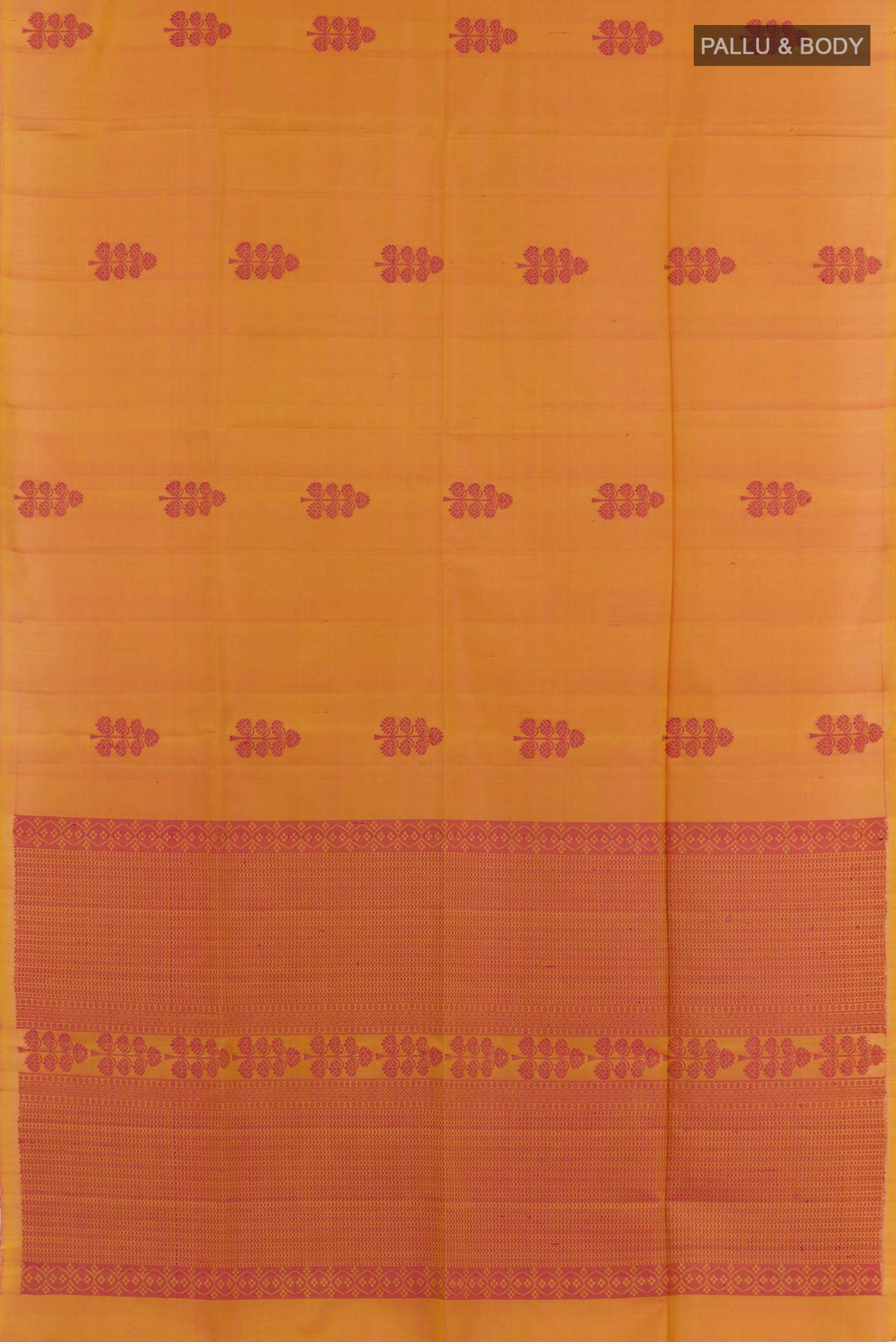 Flat view of Mustard Soft Silk Saree with Jacquard design on the body and Zari Border. 