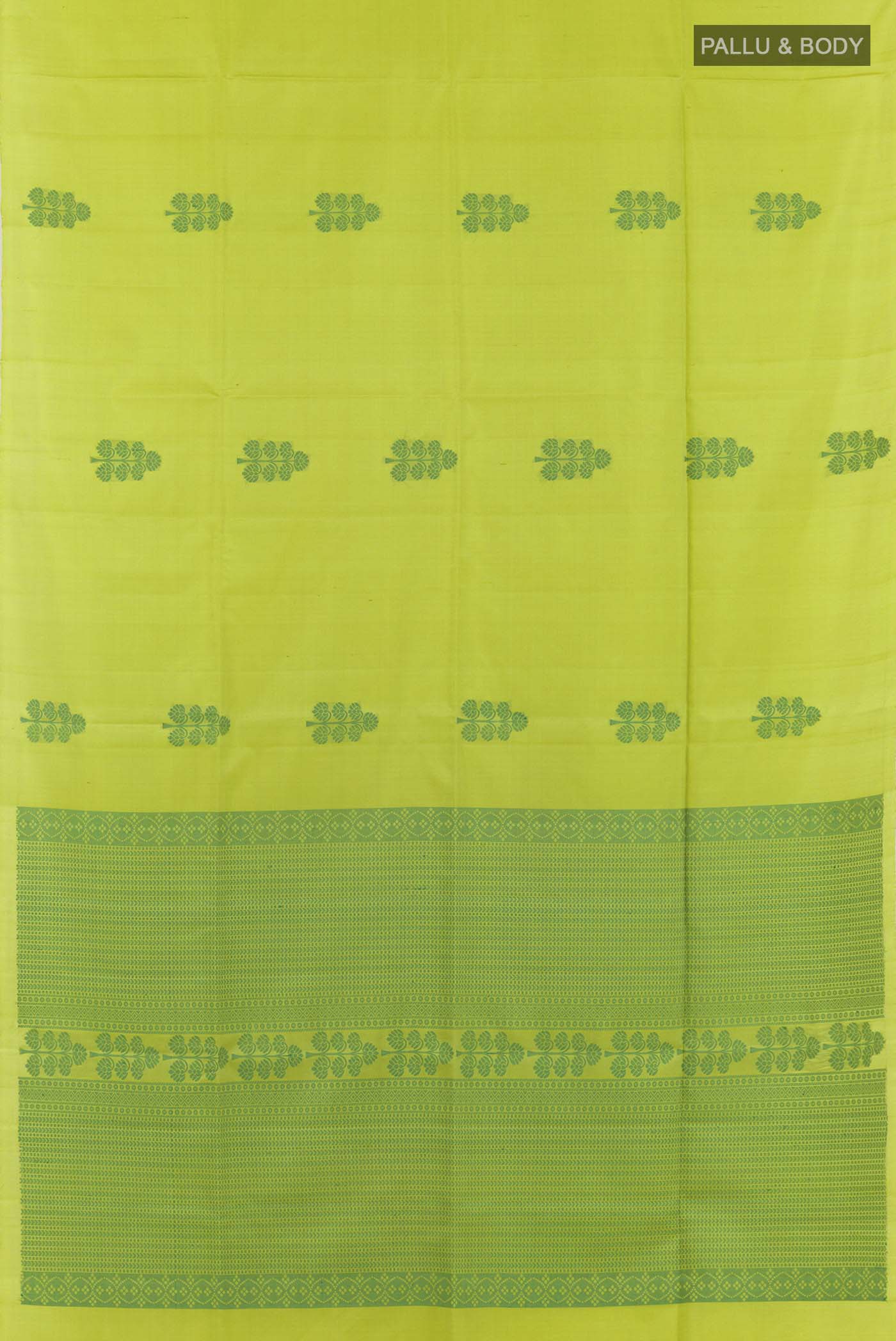 Flat view of Green Soft Silk Saree with Jacquard design on the body and Zari Border. 