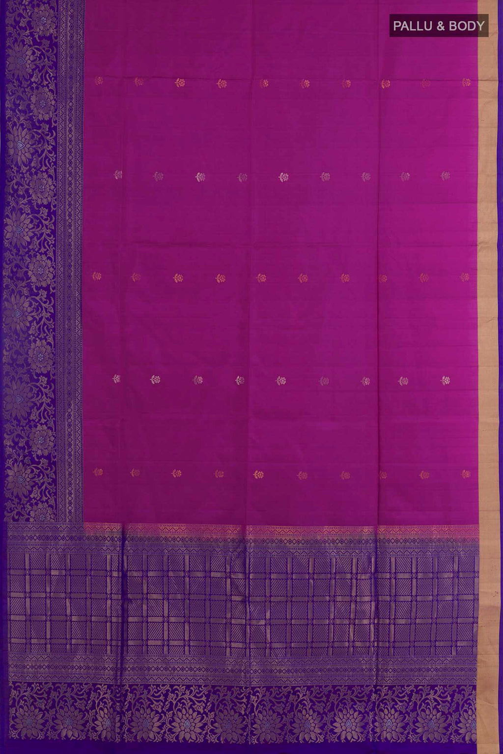Flat view of Purple Soft Silk Saree with Zari Butta on the body and Zari Border. 
