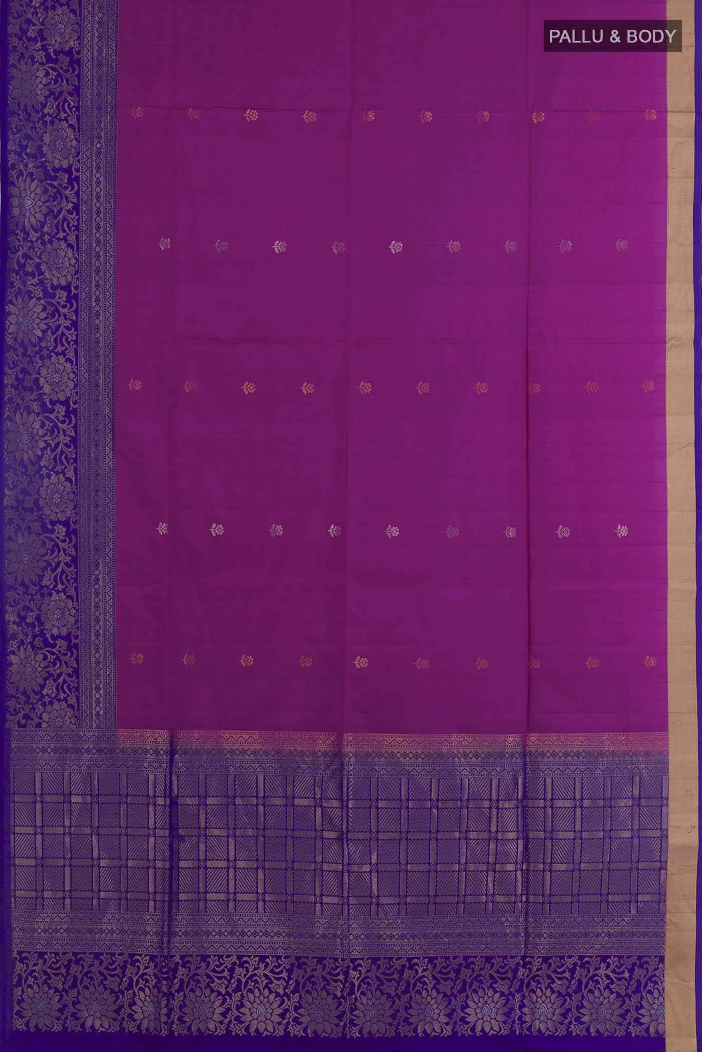 Flat view of Purple Soft Silk Saree with Zari Butta on the body and Zari Border. 