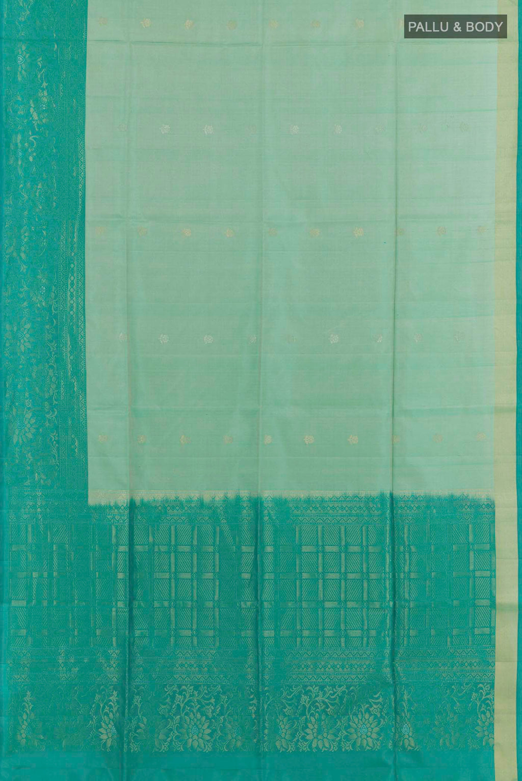 Flat view of Sage Green Soft Silk Saree with Zari Butta on the body and Zari Border. 