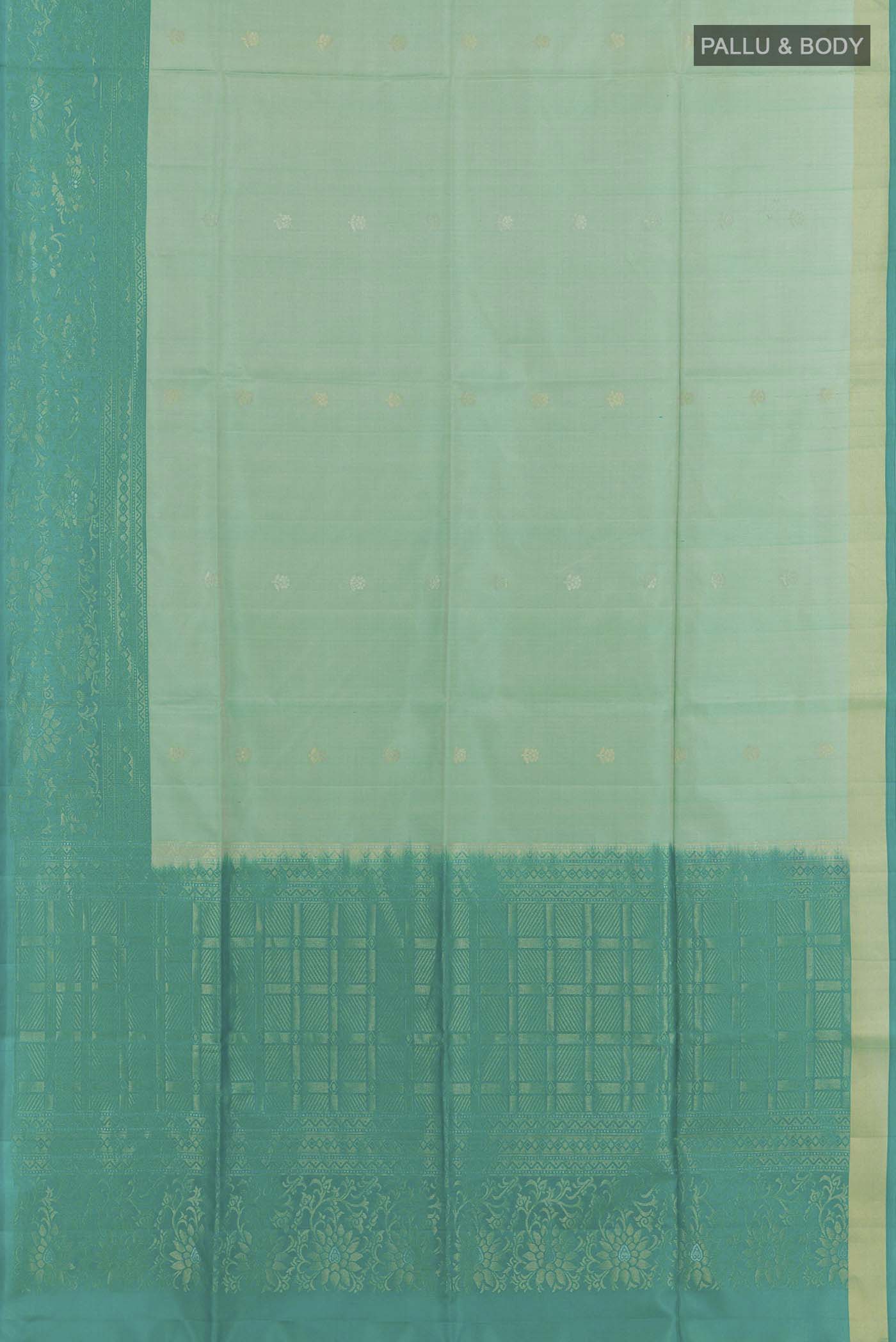 Flat view of Sage Green Soft Silk Saree with Zari Butta on the body and Zari Border. 