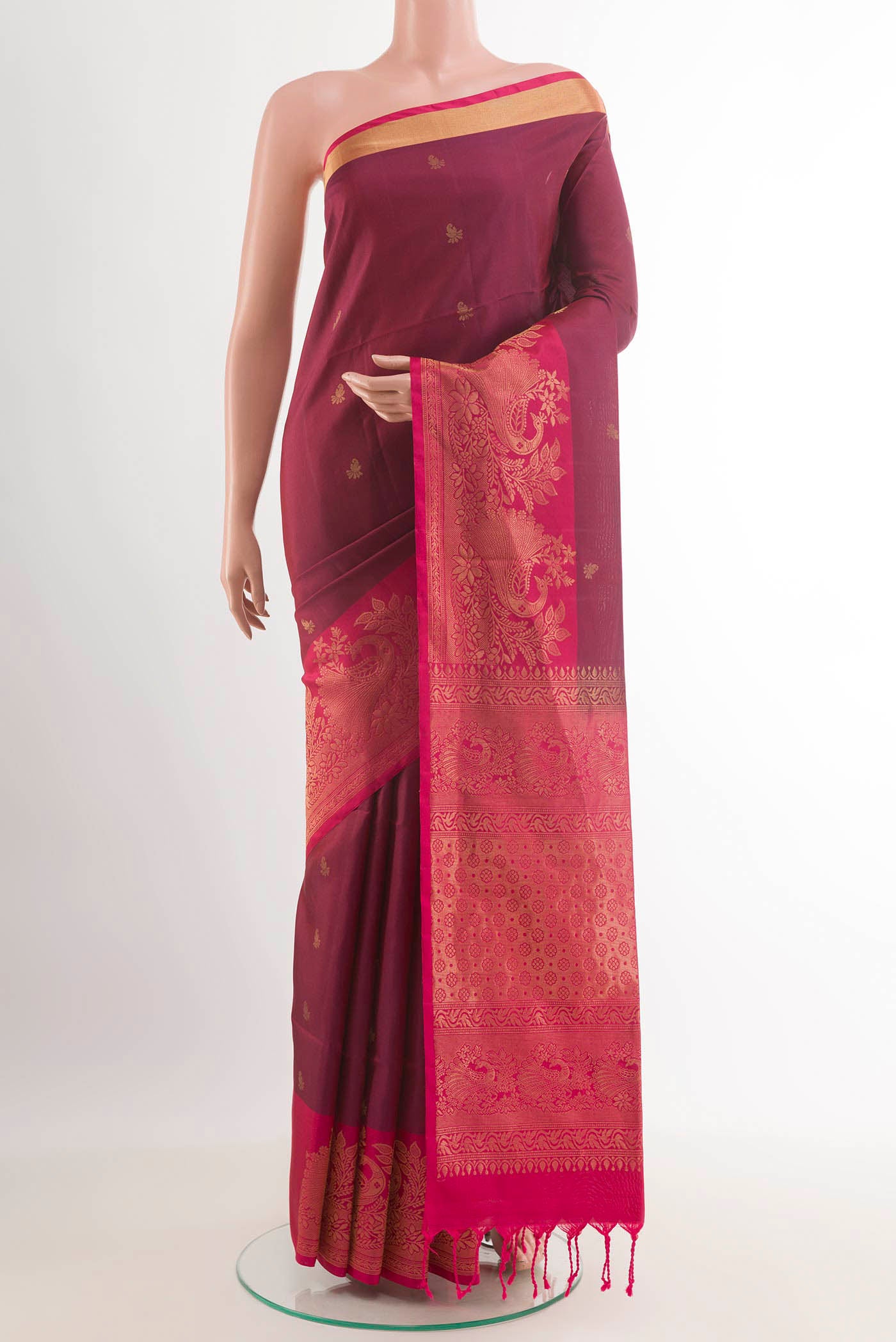 Purple Dual Tone Soft Silk Saree with Zari Butta on the body and Zari Border.  displayed on a mannequin