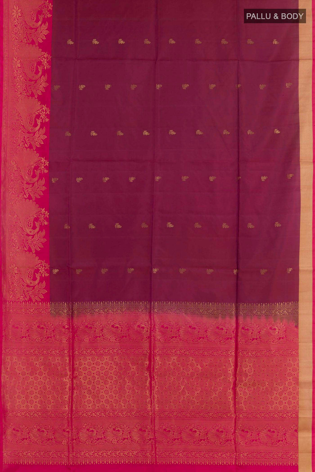 Flat view of Purple Dual Tone Soft Silk Saree with Zari Butta on the body and Zari Border. 