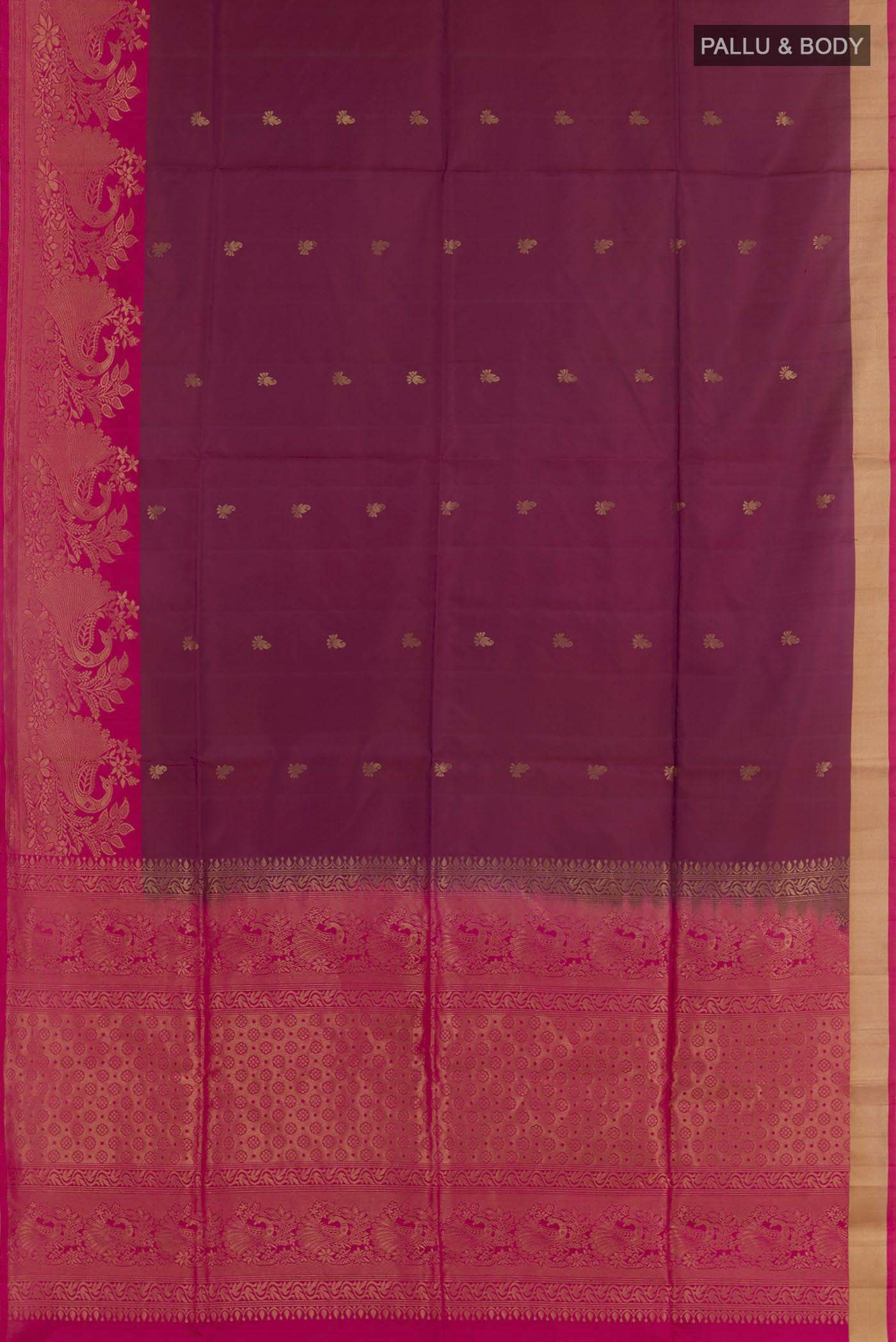 Flat view of Purple Dual Tone Soft Silk Saree with Zari Butta on the body and Zari Border. 