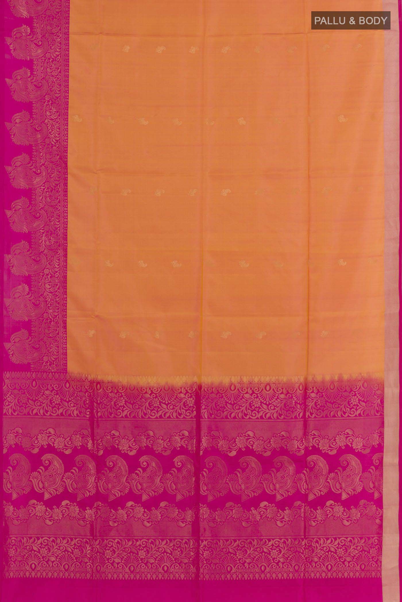Flat view of Mustard Soft Silk Saree with Zari Brocade on the body and Zari Border. 