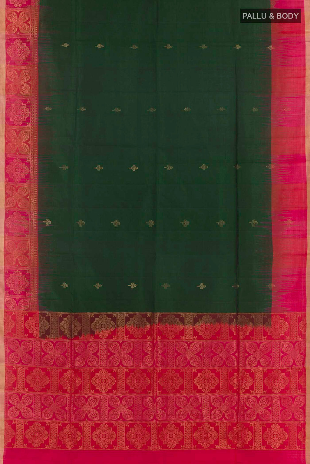 Flat view of Green Soft Silk Saree with Zari Butta on the body and Zari Border. 