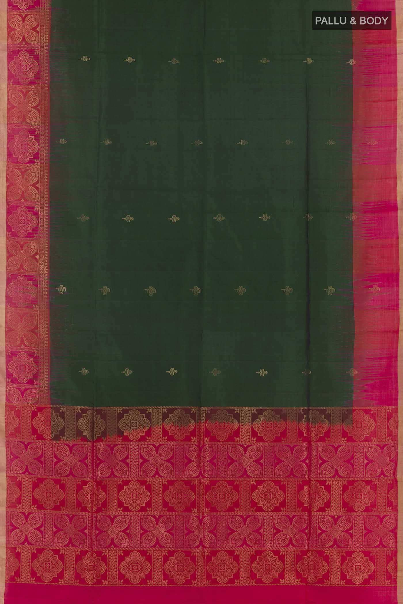 Flat view of Green Soft Silk Saree with Zari Butta on the body and Zari Border. 