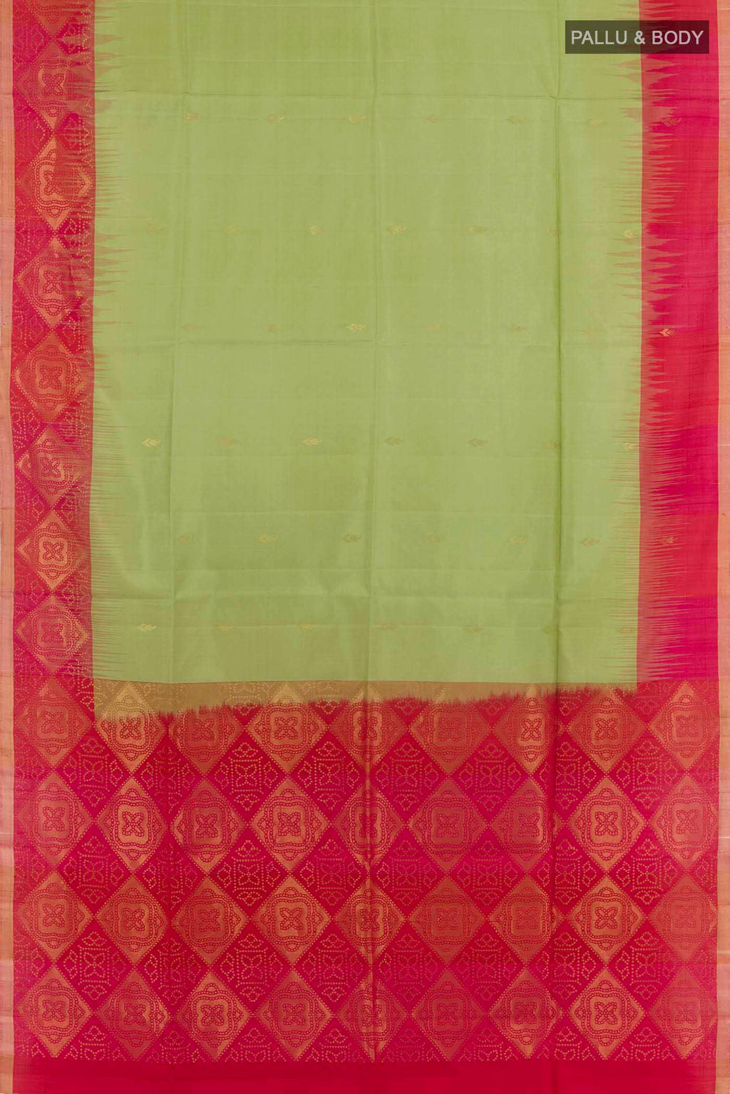Flat view of Green Soft Silk Saree with Zari Butta on the body and Zari Border. 