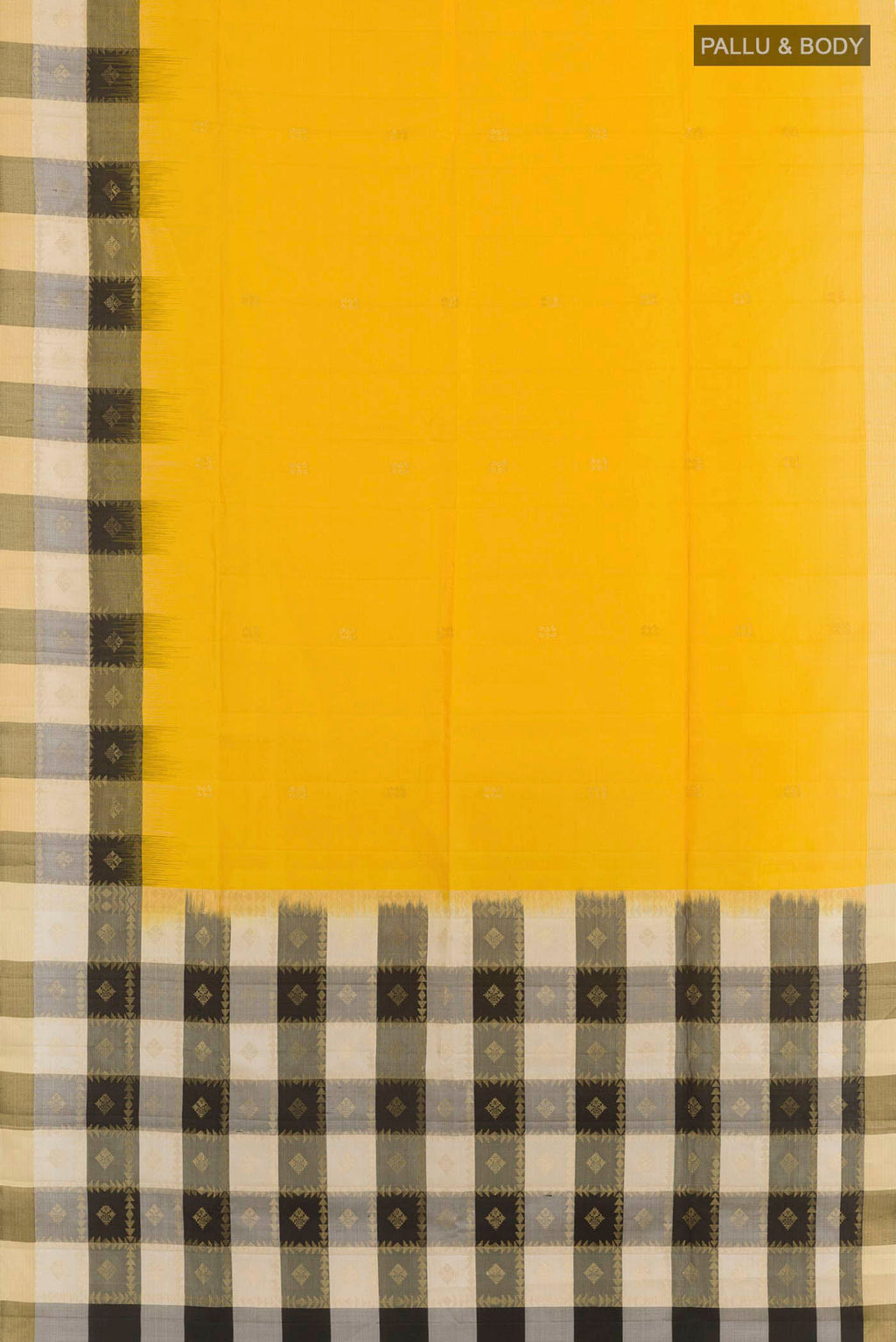 Flat view of Yellow Soft Silk Saree with Zari Butta on the body and Zari Border. 
