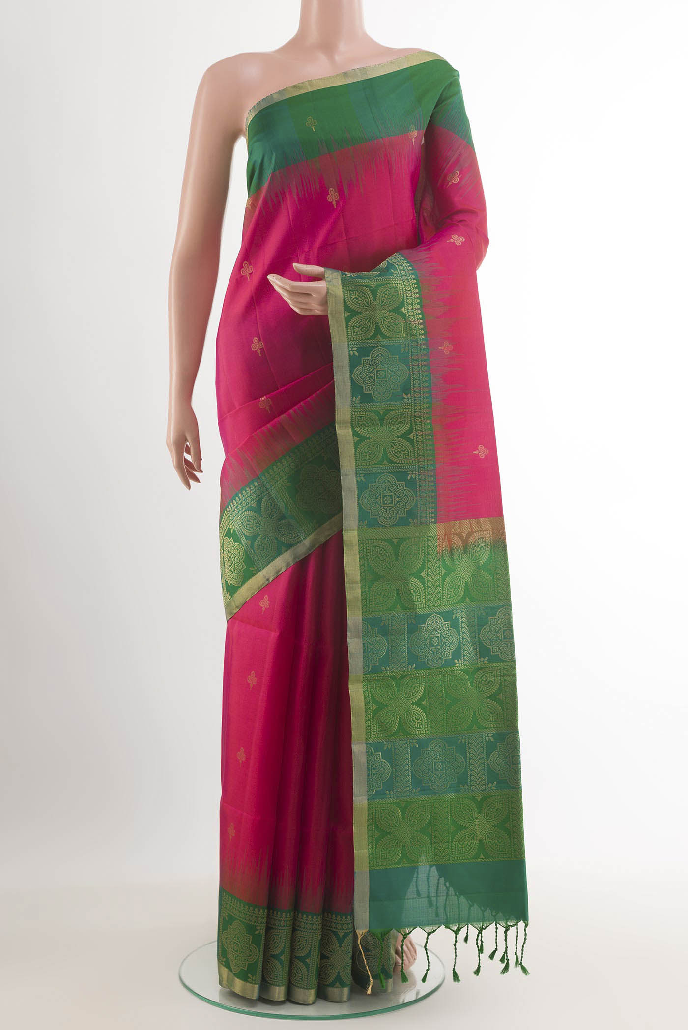 Pink Soft Silk Saree with Zari Butta on the body and Zari Border.  displayed on a mannequin
