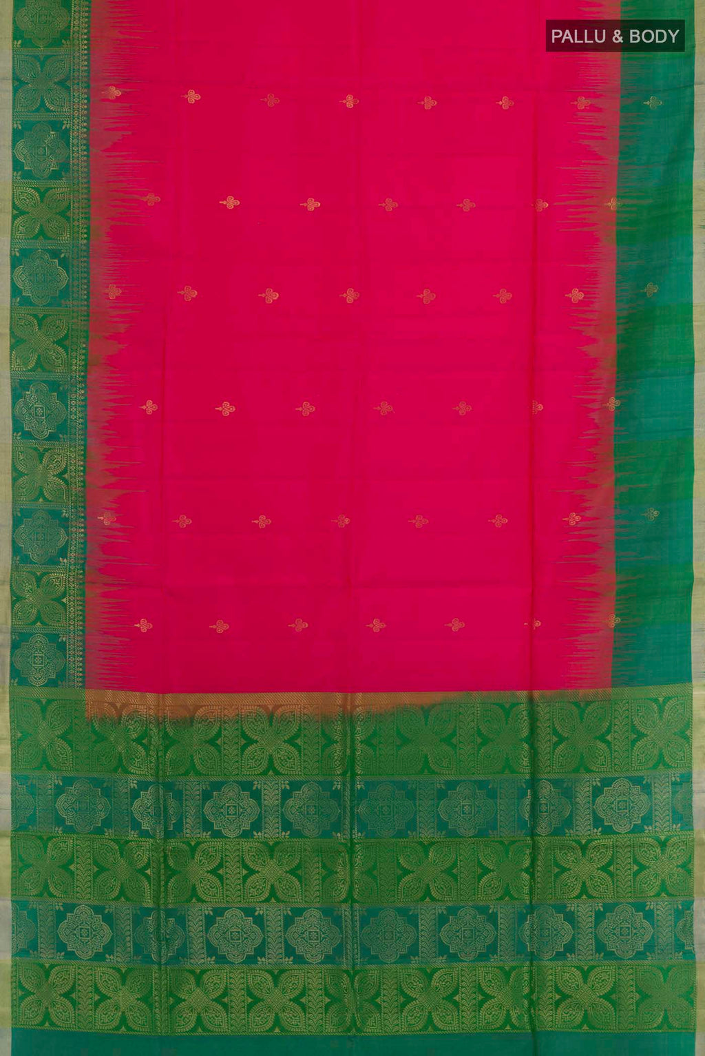Flat view of Pink Soft Silk Saree with Zari Butta on the body and Zari Border. 
