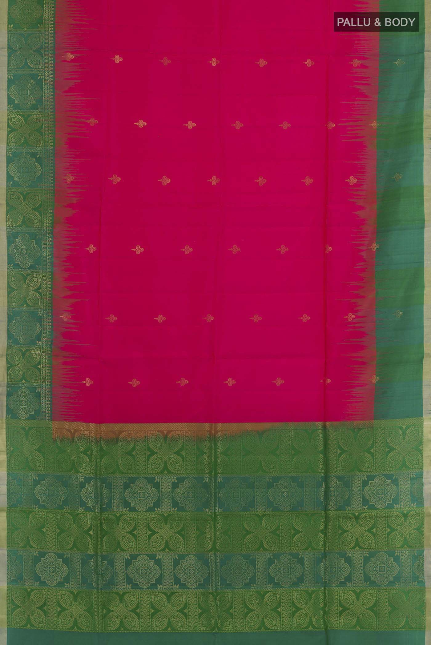 Flat view of Pink Soft Silk Saree with Zari Butta on the body and Zari Border. 