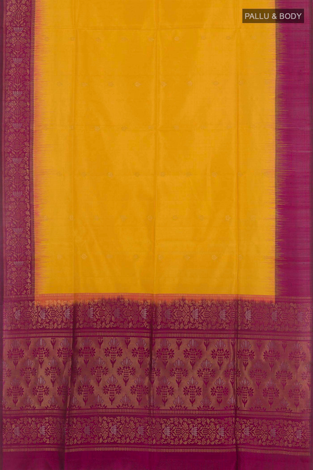 Flat view of Yellow Soft Silk Saree with Zari Butta on the body and Zari Border. 