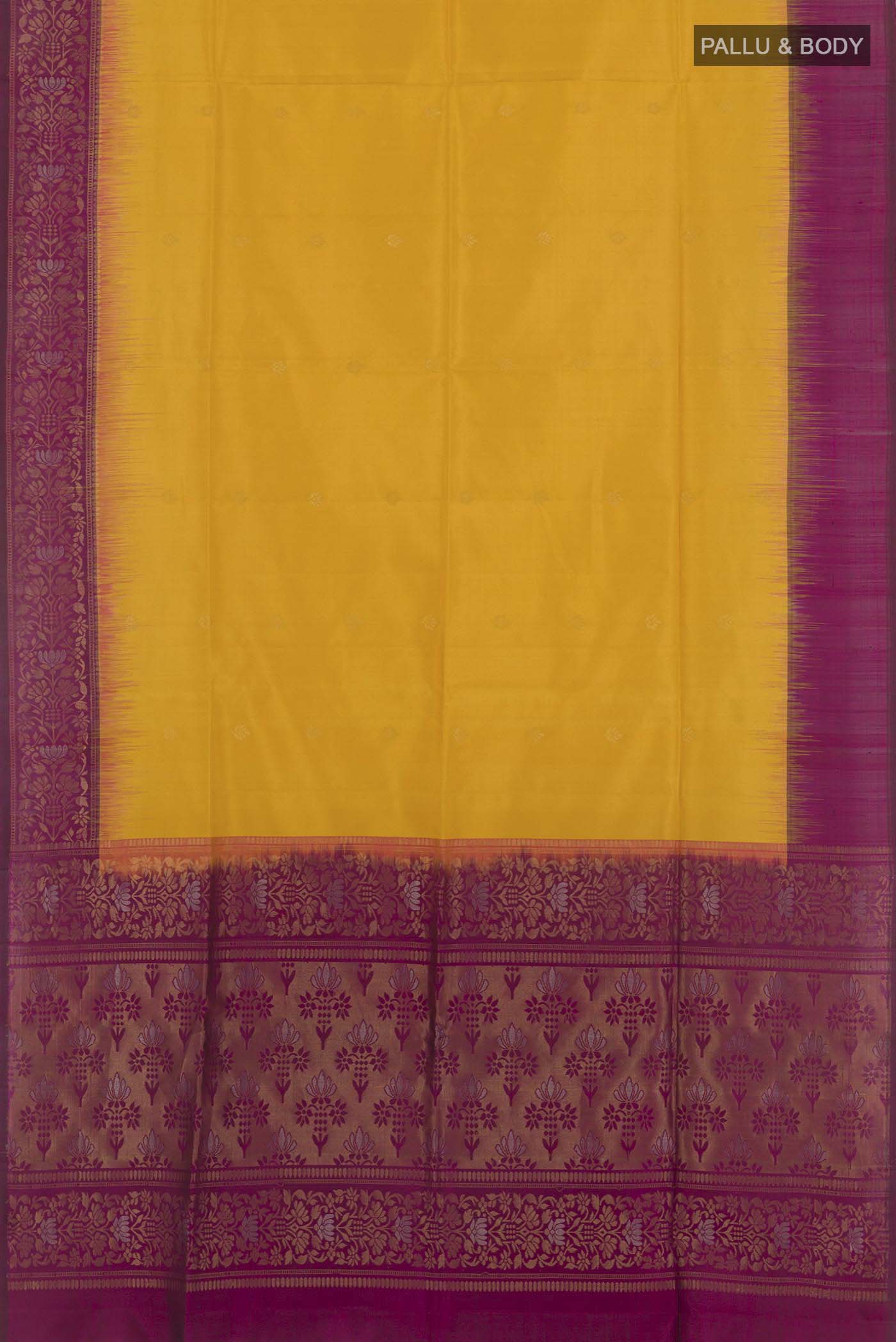Flat view of Yellow Soft Silk Saree with Zari Butta on the body and Zari Border. 