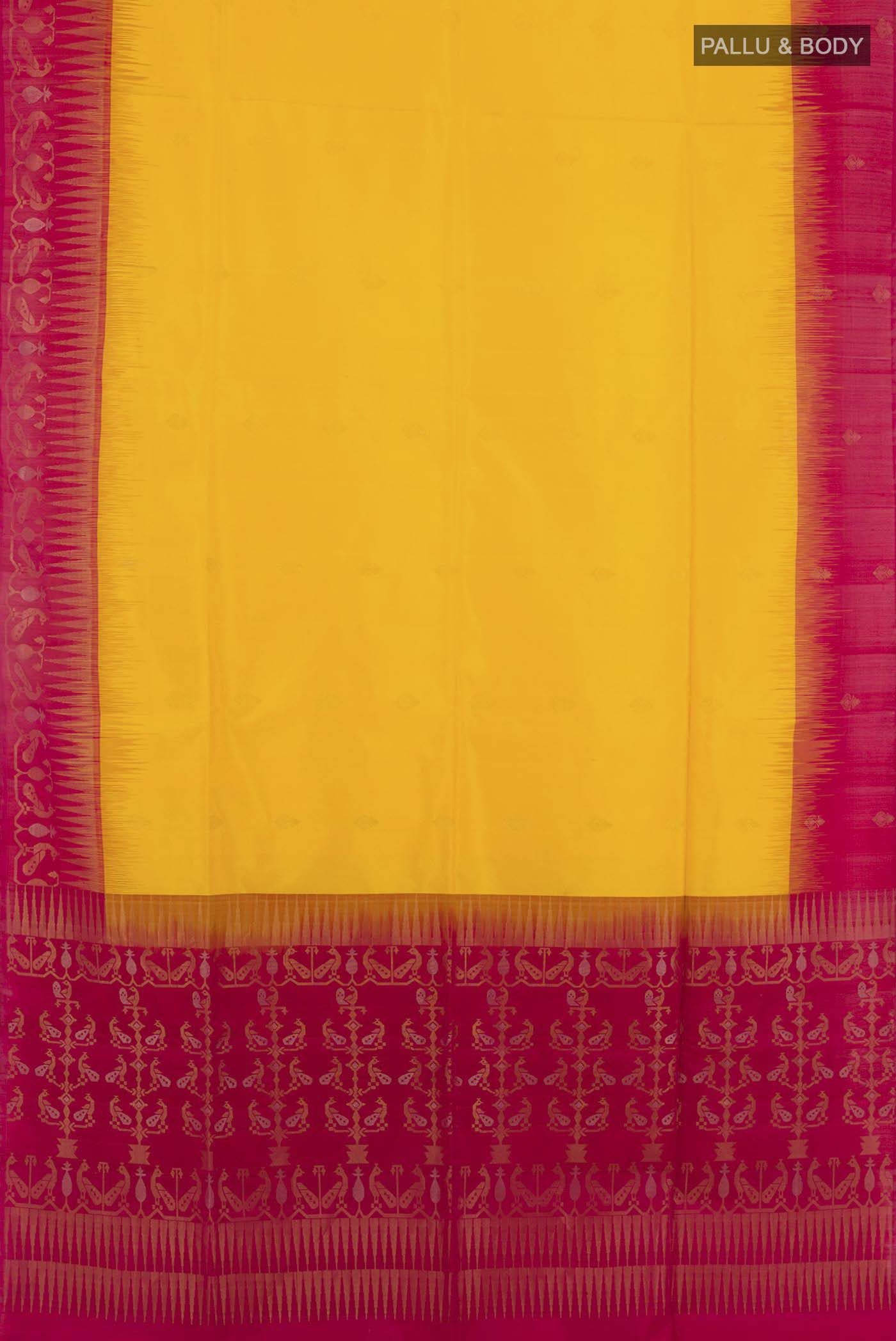Flat view of Yellow Soft Silk Saree with Zari Butta on the body and Zari Border. 
