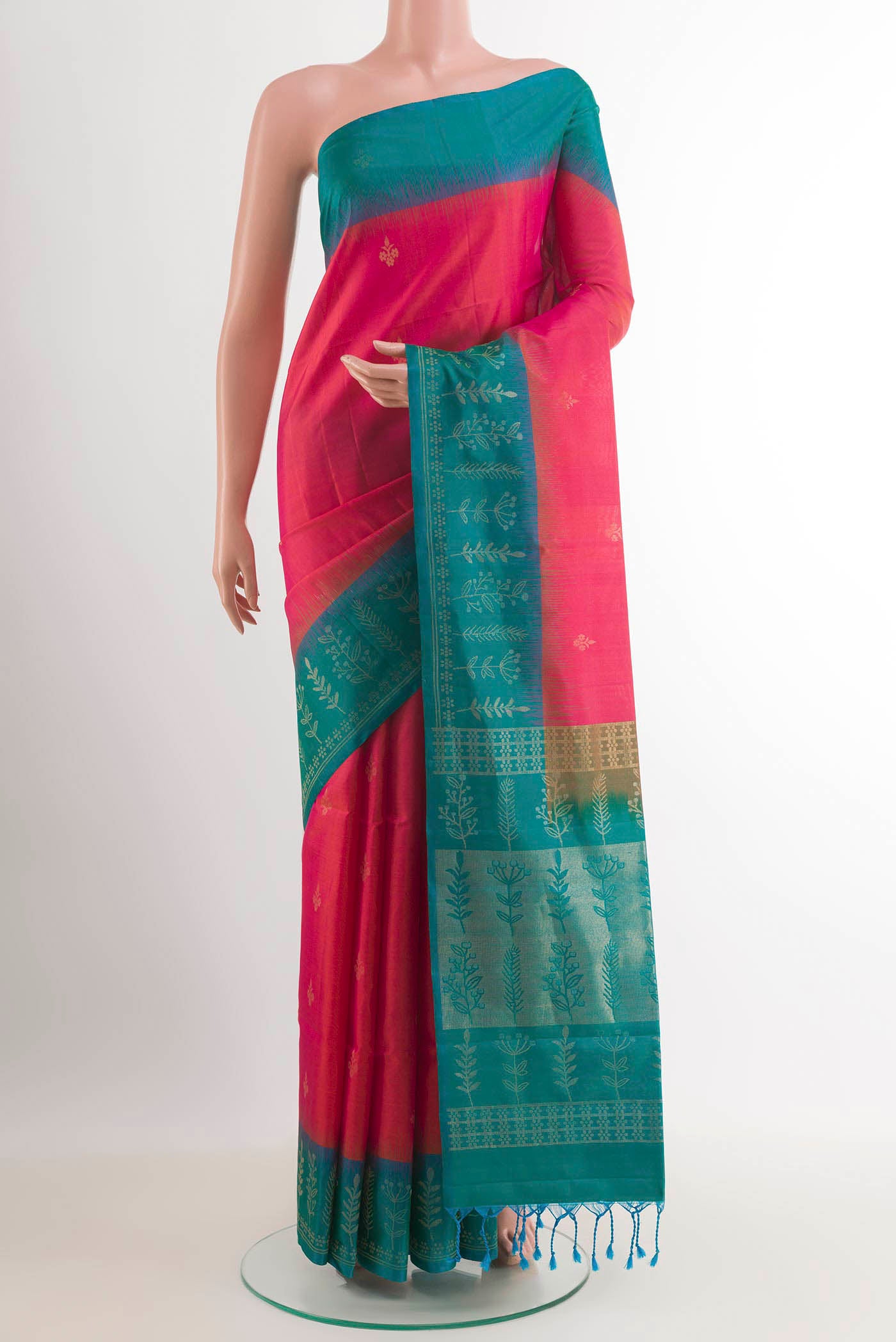 Pink Dual Tone Soft Silk Saree with Zari Butta on the body and Zari Border.  displayed on a mannequin