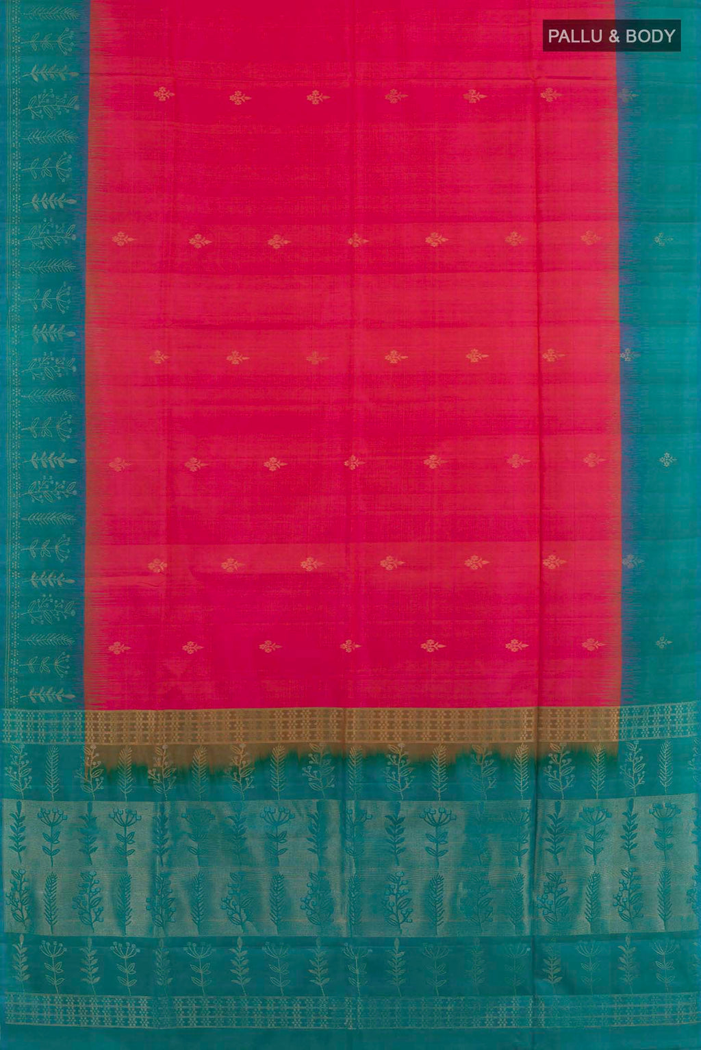Flat view of Pink Dual Tone Soft Silk Saree with Zari Butta on the body and Zari Border. 