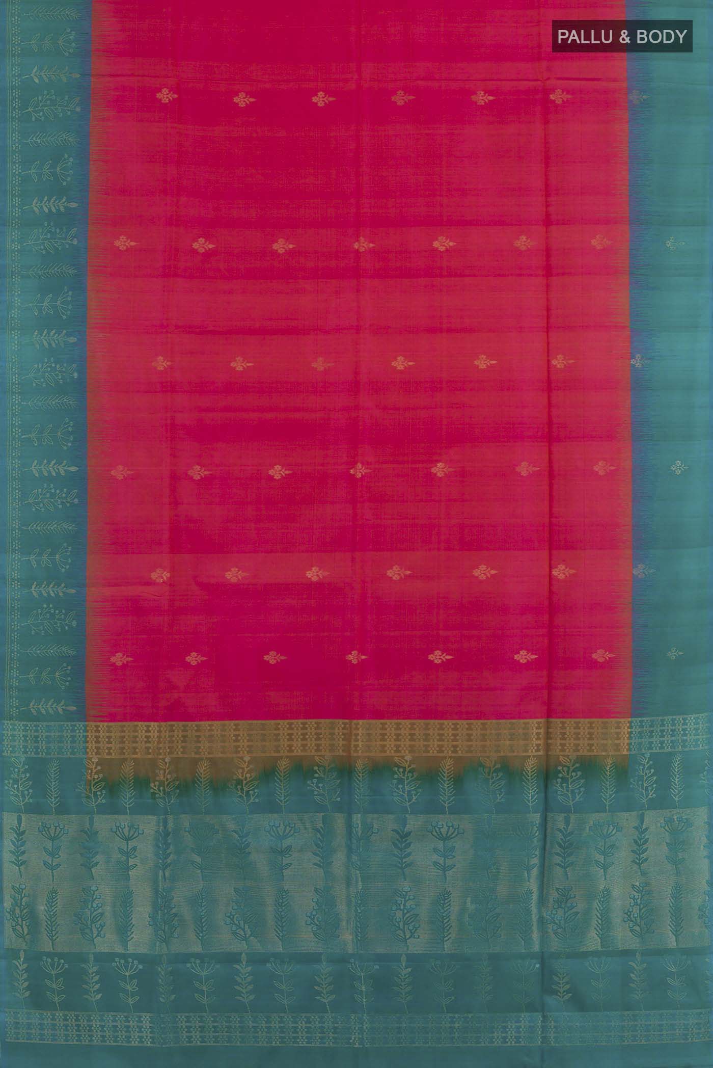 Flat view of Pink Dual Tone Soft Silk Saree with Zari Butta on the body and Zari Border. 
