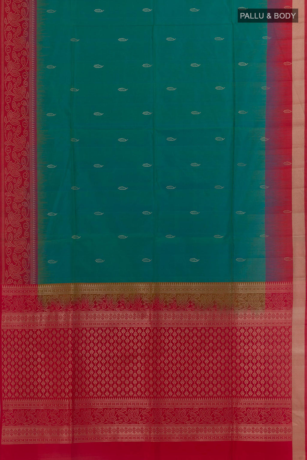 Flat view of Blue Soft Silk Saree with Zari Butta on the body and Zari Border. 
