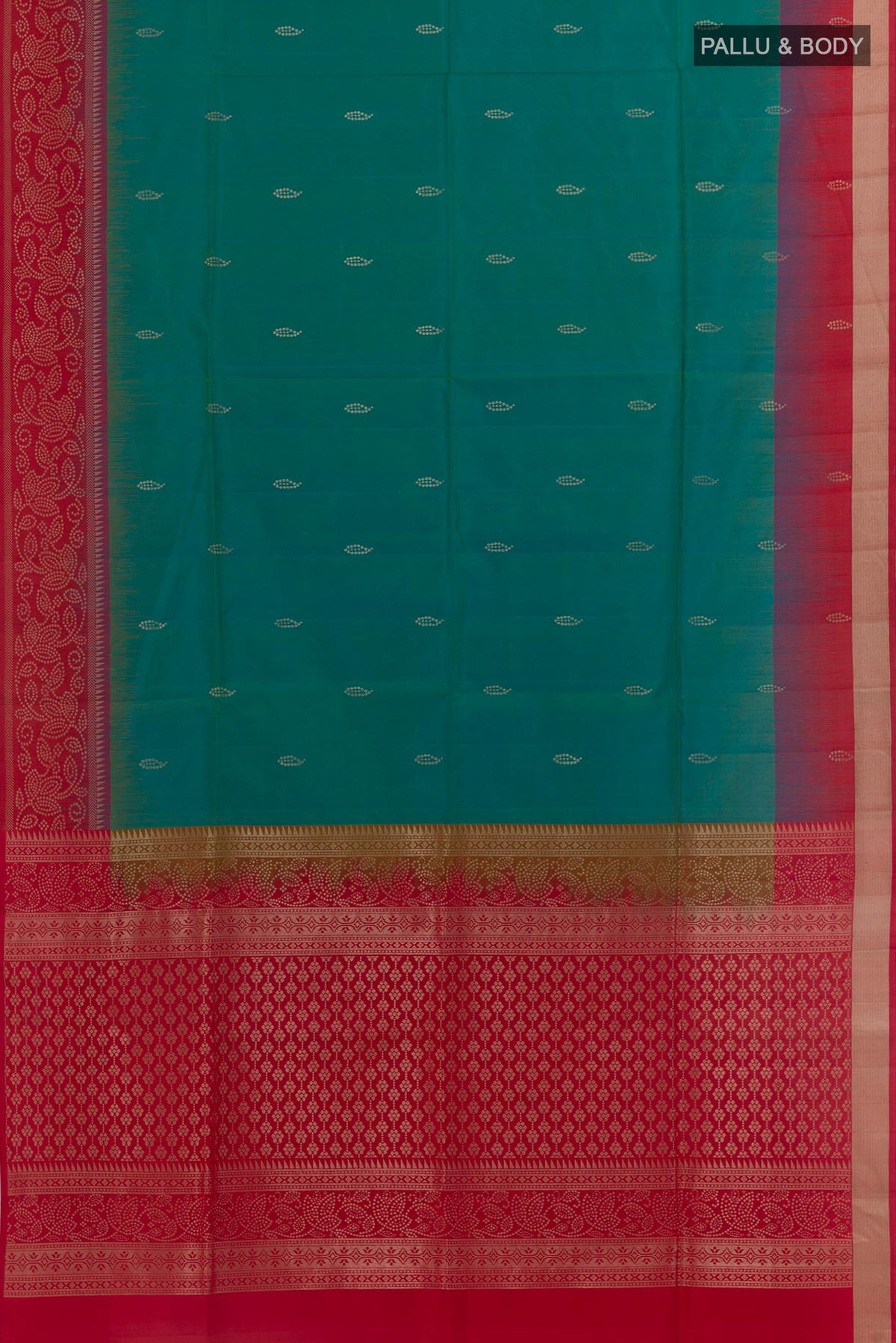 Flat view of Blue Soft Silk Saree with Zari Butta on the body and Zari Border. 