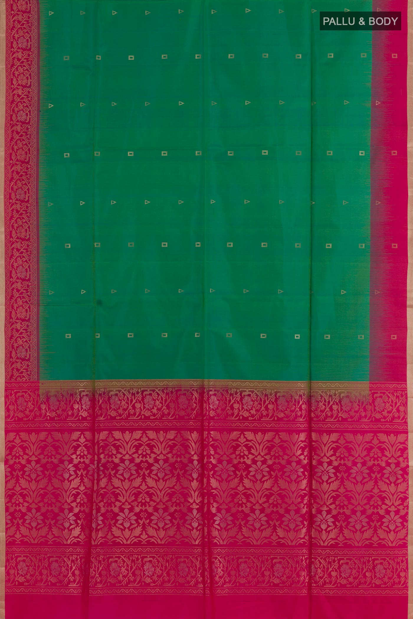 Flat view of Green Soft Silk Saree with Zari Butta on the body and Zari Border. 